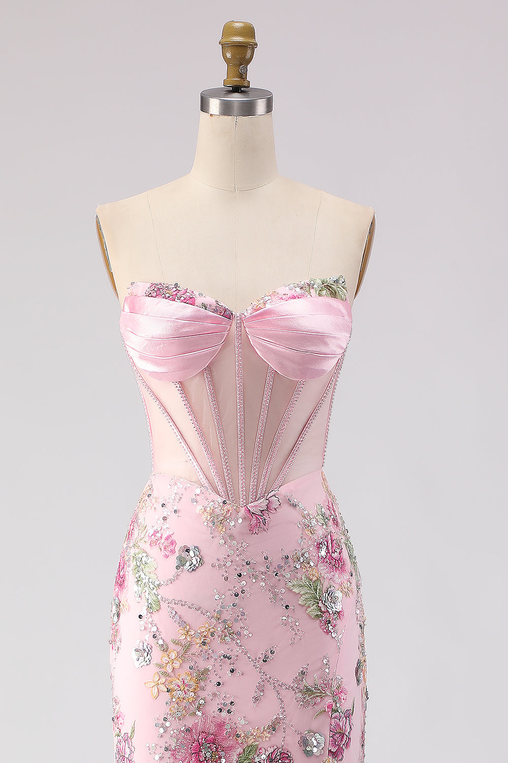 Romantic Pink Mermaid Strapless Sheer Boned Corset Sequins Long Prom Dress with Slit