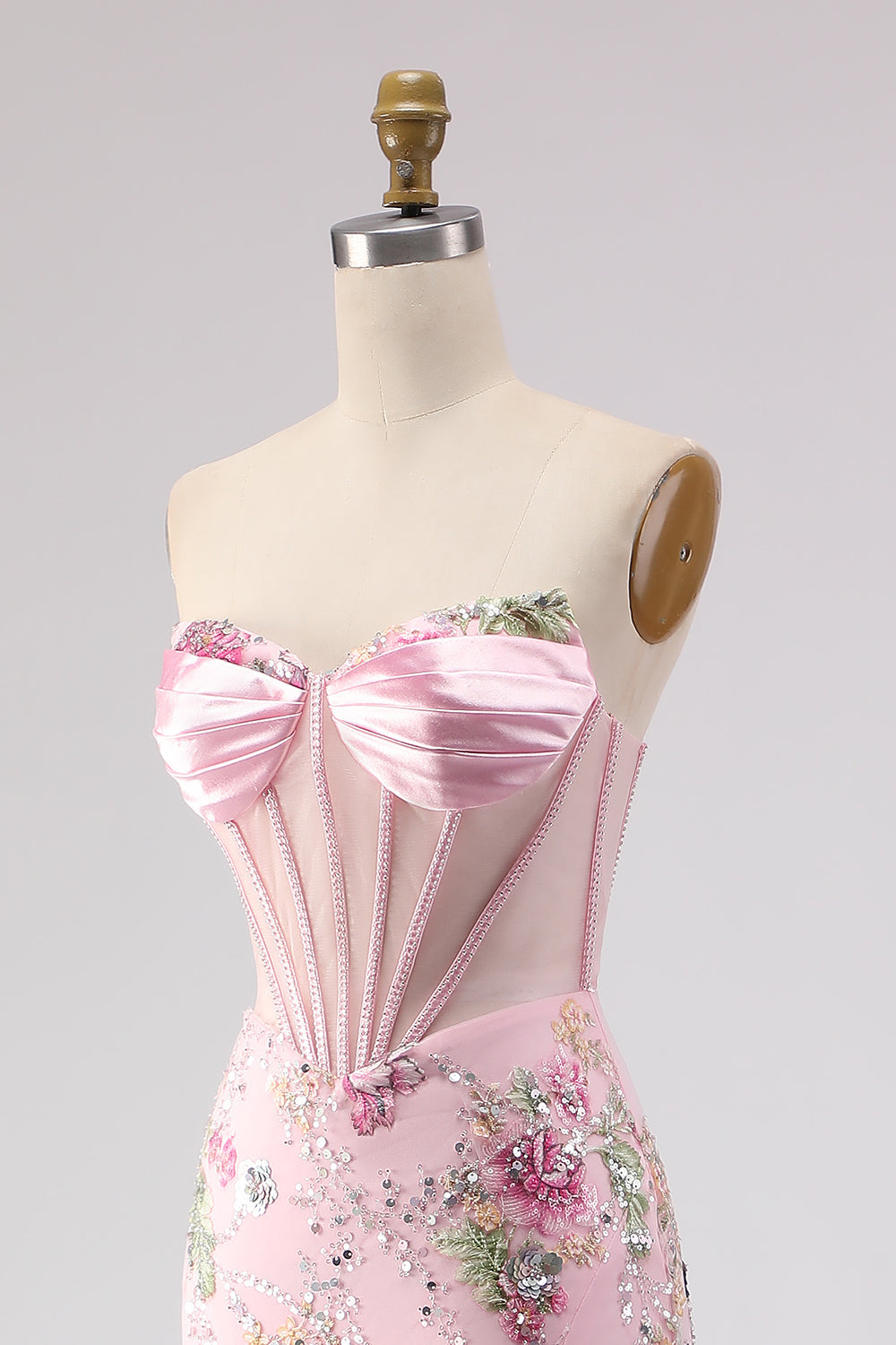 Romantic Pink Mermaid Strapless Sheer Boned Corset Sequins Long Prom Dress with Slit