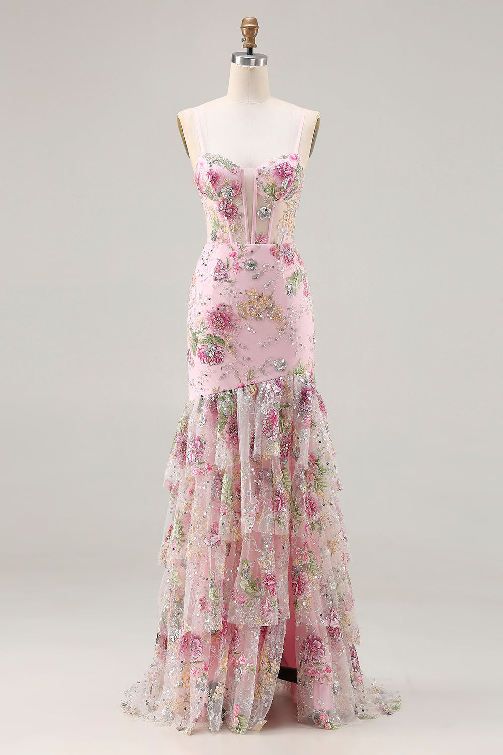 Pink Mermaid Sequin Floral Tiered Long Prom Dress with Ruffle Slit