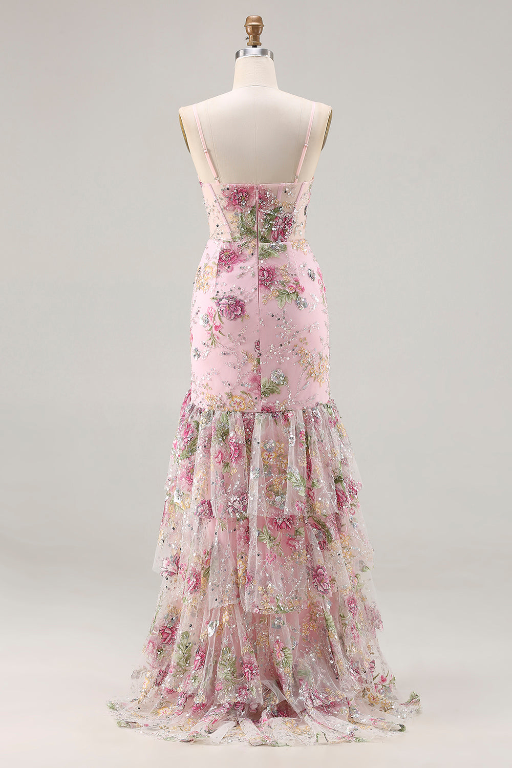 Pink Mermaid Sequin Floral Tiered Long Prom Dress with Ruffle Slit