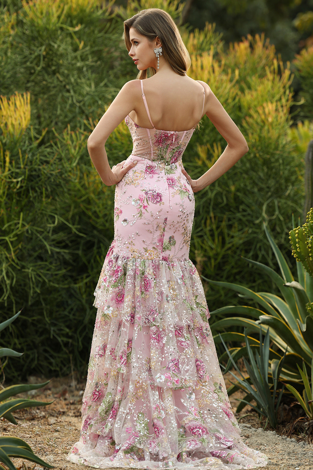 Pink Mermaid Sequin Floral Tiered Long Prom Dress with Ruffle Slit