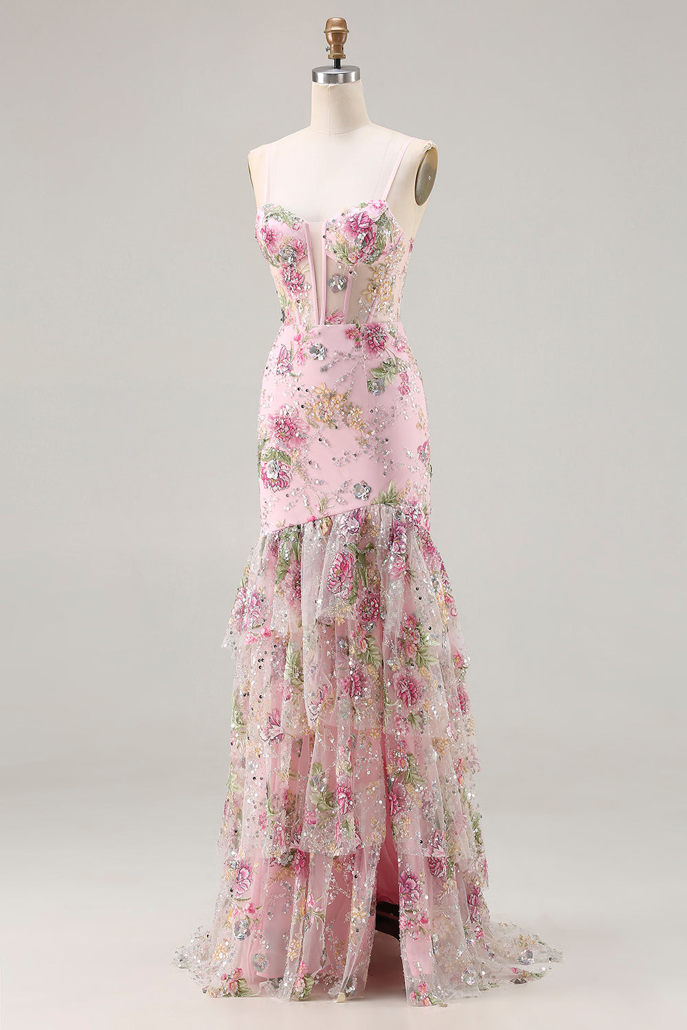 Pink Mermaid Sequin Floral Tiered Long Prom Dress with Ruffle Slit