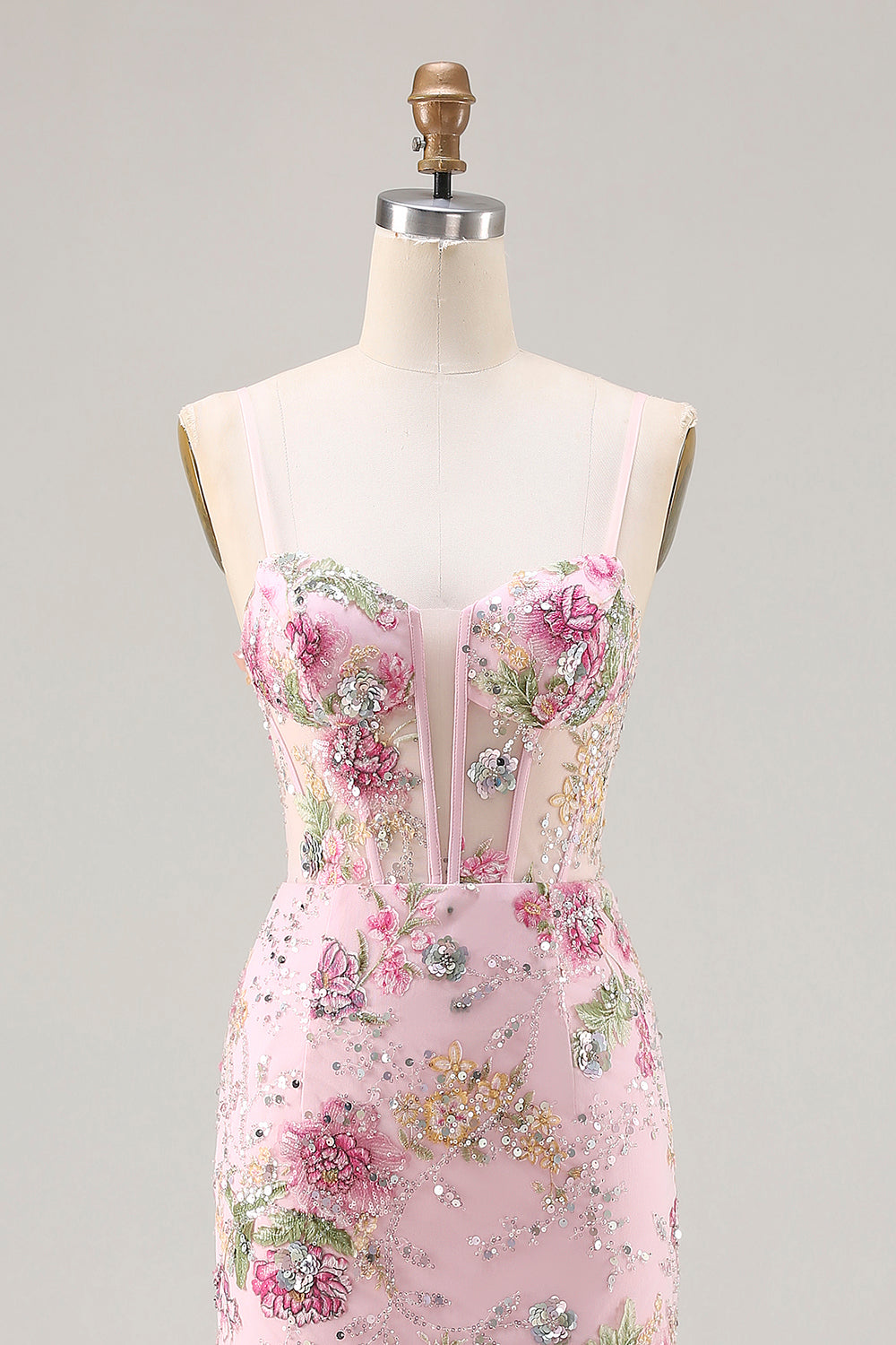 Pink Mermaid Sequin Floral Tiered Long Prom Dress with Ruffle Slit