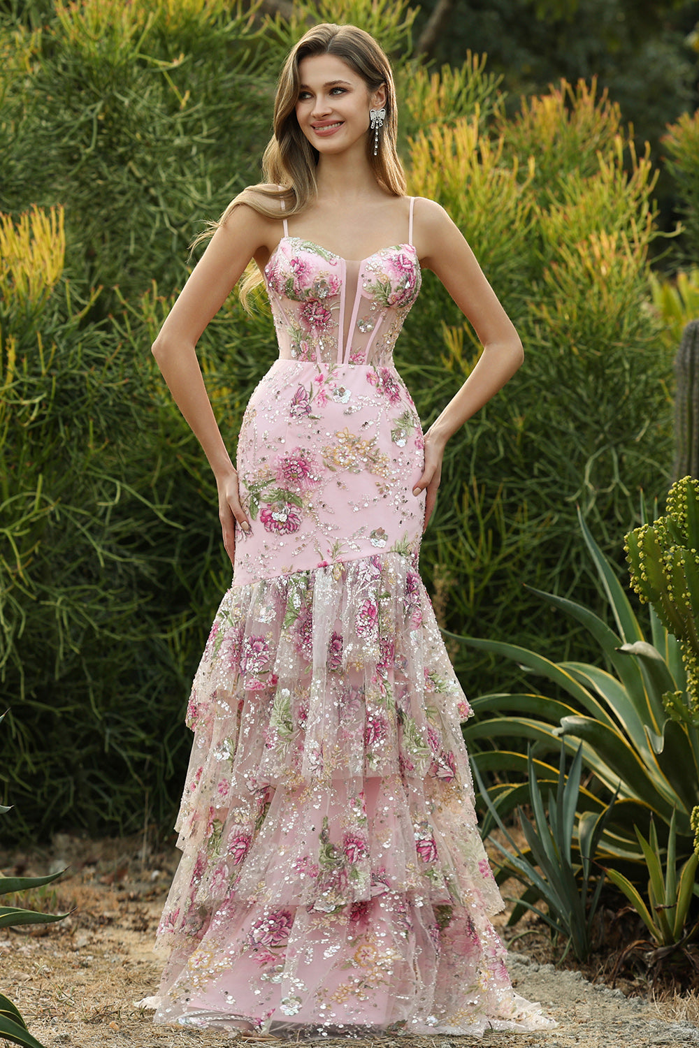 Pink Mermaid Sequin Floral Tiered Long Prom Dress with Ruffle Slit