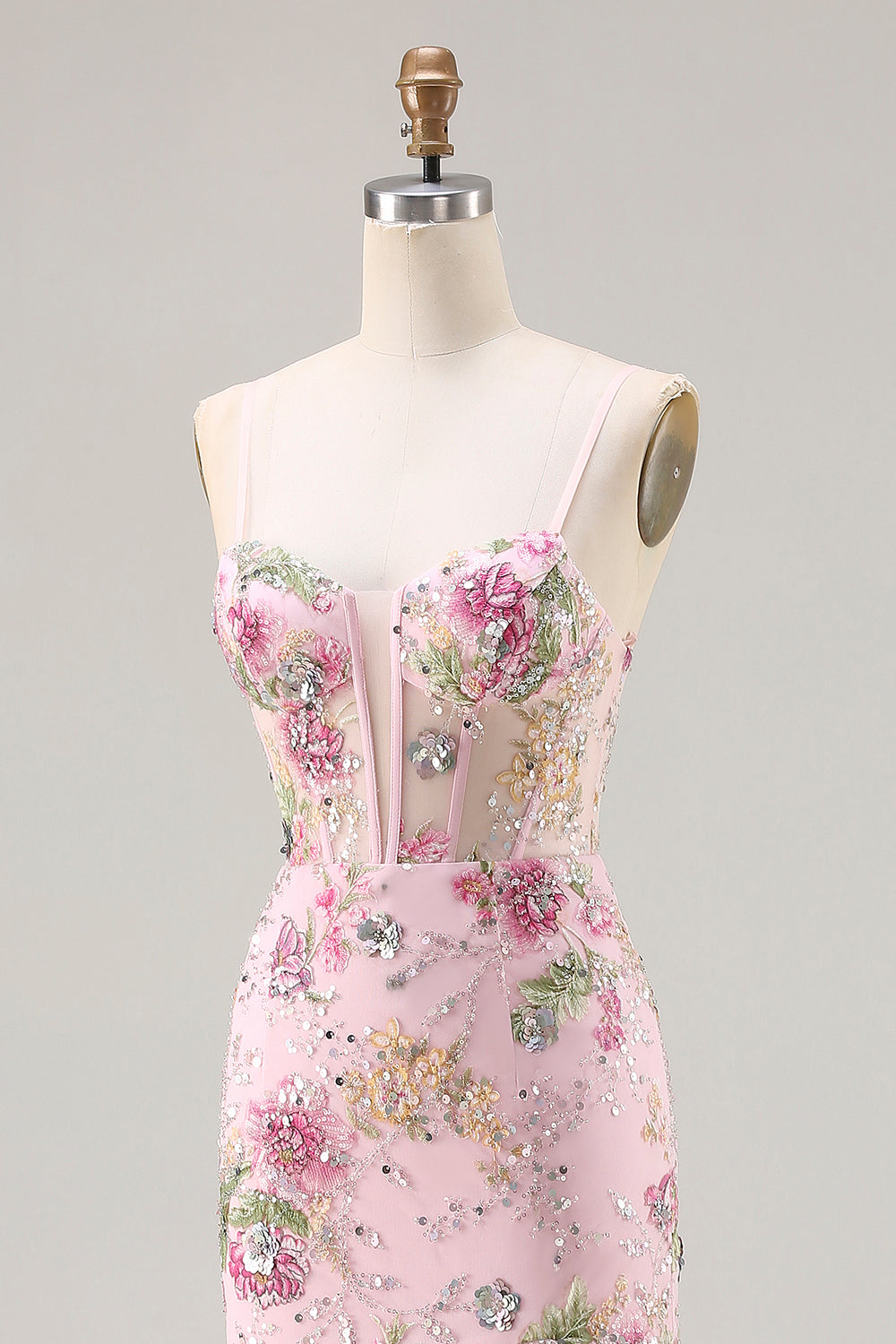 Pink Mermaid Sequin Floral Tiered Long Prom Dress with Ruffle Slit