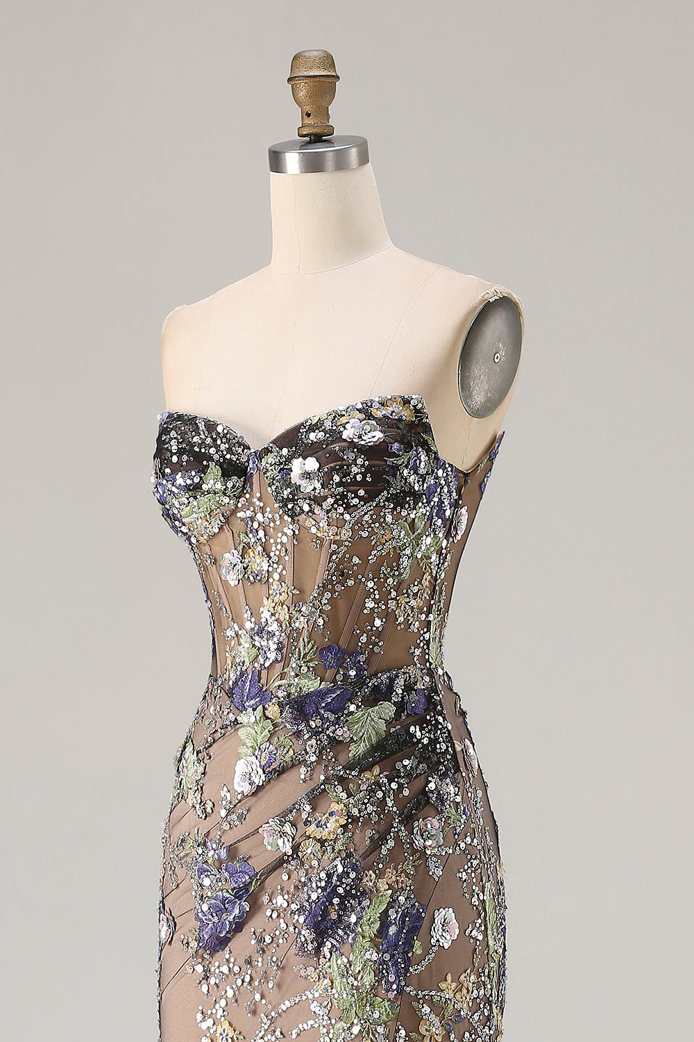 Sparkly Mermaid Strapless Corset Appliqued Sequin Pink Long Prom Dress with Slit