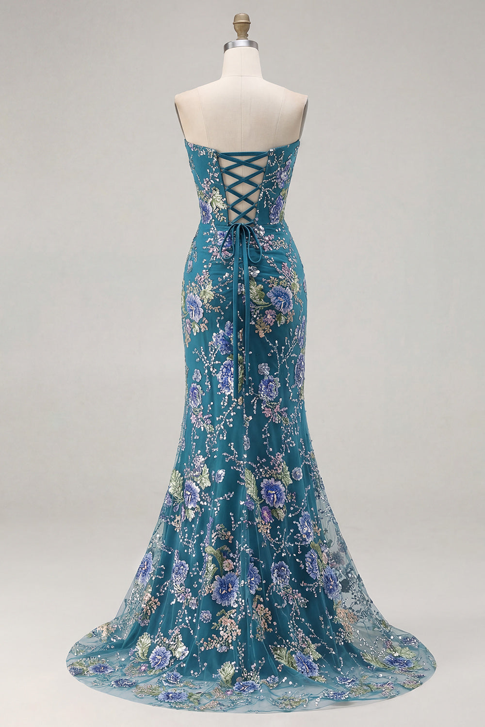 Sparkly Mermaid Strapless Corset Appliqued Sequin Pink Long Prom Dress with Slit
