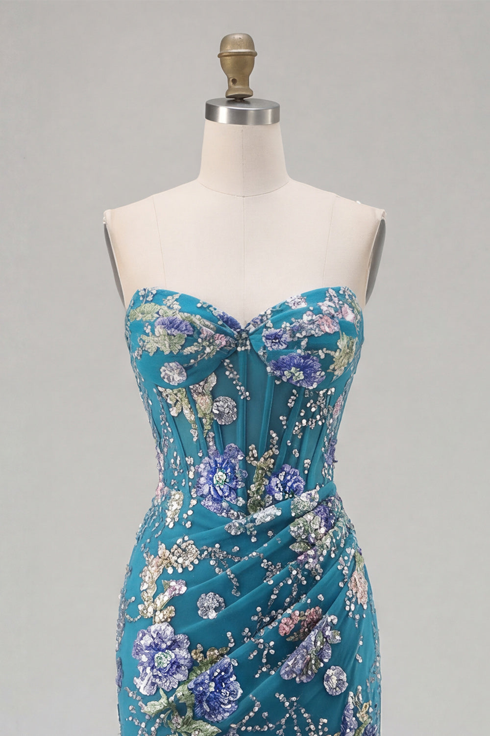 Sparkly Mermaid Strapless Corset Appliqued Sequin Pink Long Prom Dress with Slit