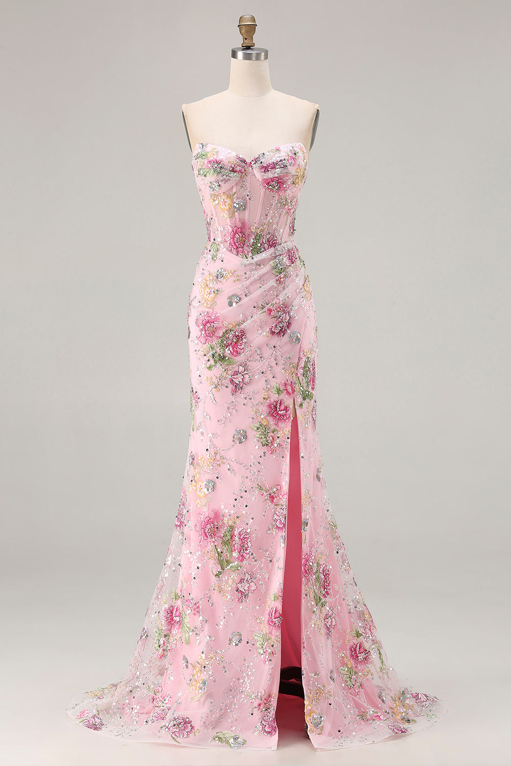 Sparkly Mermaid Strapless Corset Appliqued Sequin Pink Long Prom Dress with Slit