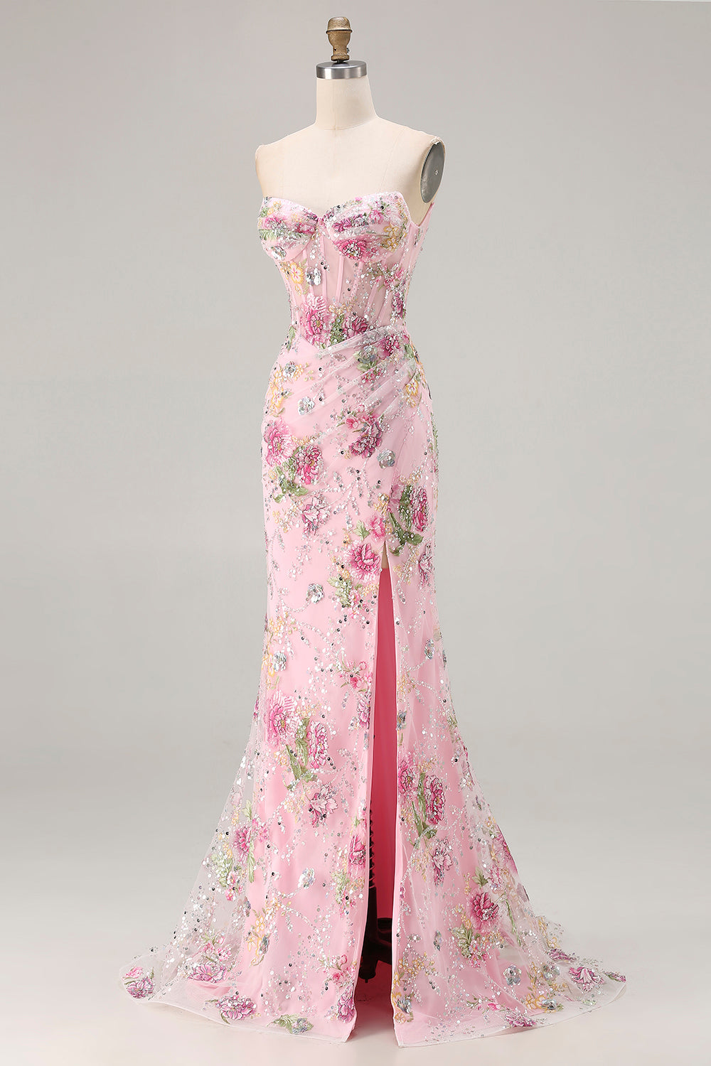 Sparkly Mermaid Strapless Corset Appliqued Sequin Pink Long Prom Dress with Slit