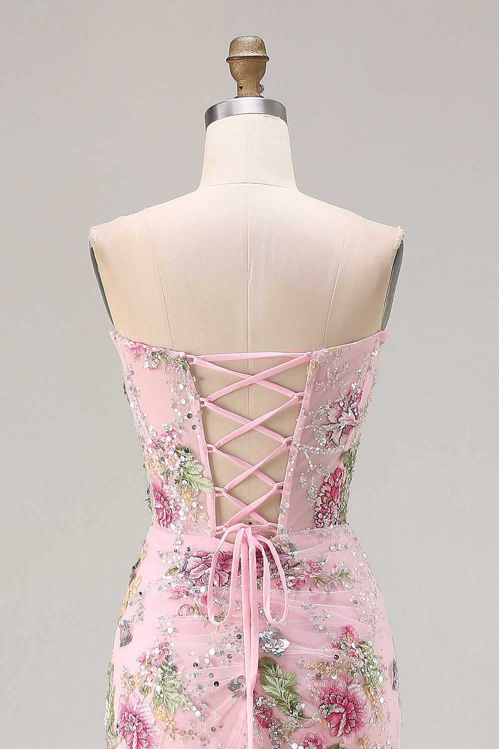Sparkly Mermaid Strapless Corset Appliqued Sequin Pink Long Prom Dress with Slit