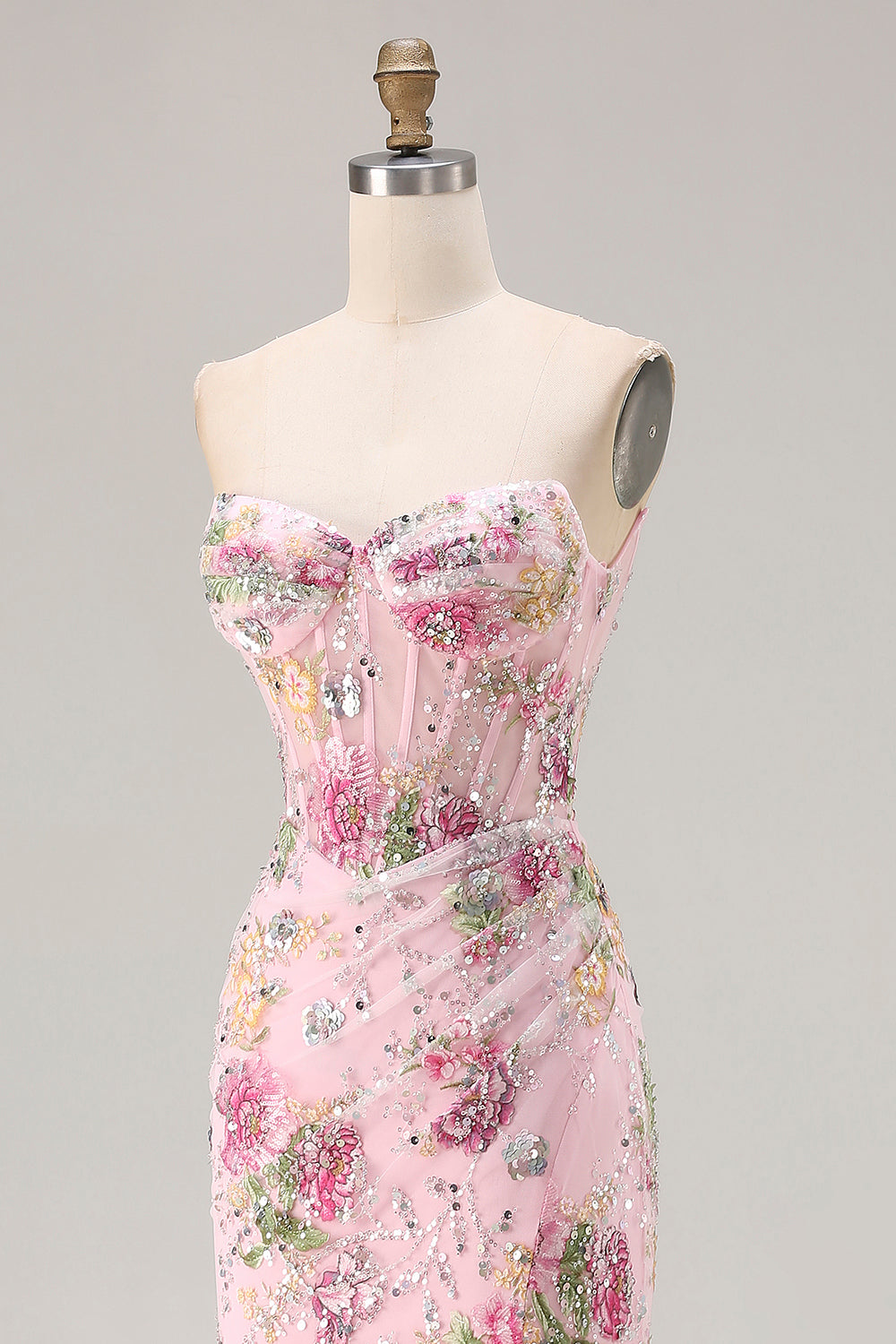 Sparkly Mermaid Strapless Corset Appliqued Sequin Pink Long Prom Dress with Slit