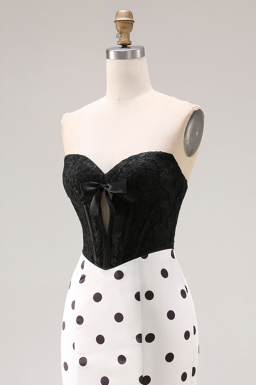 Black White Mermaid Cut Out Satin Long Polka Dots Dress with Bow