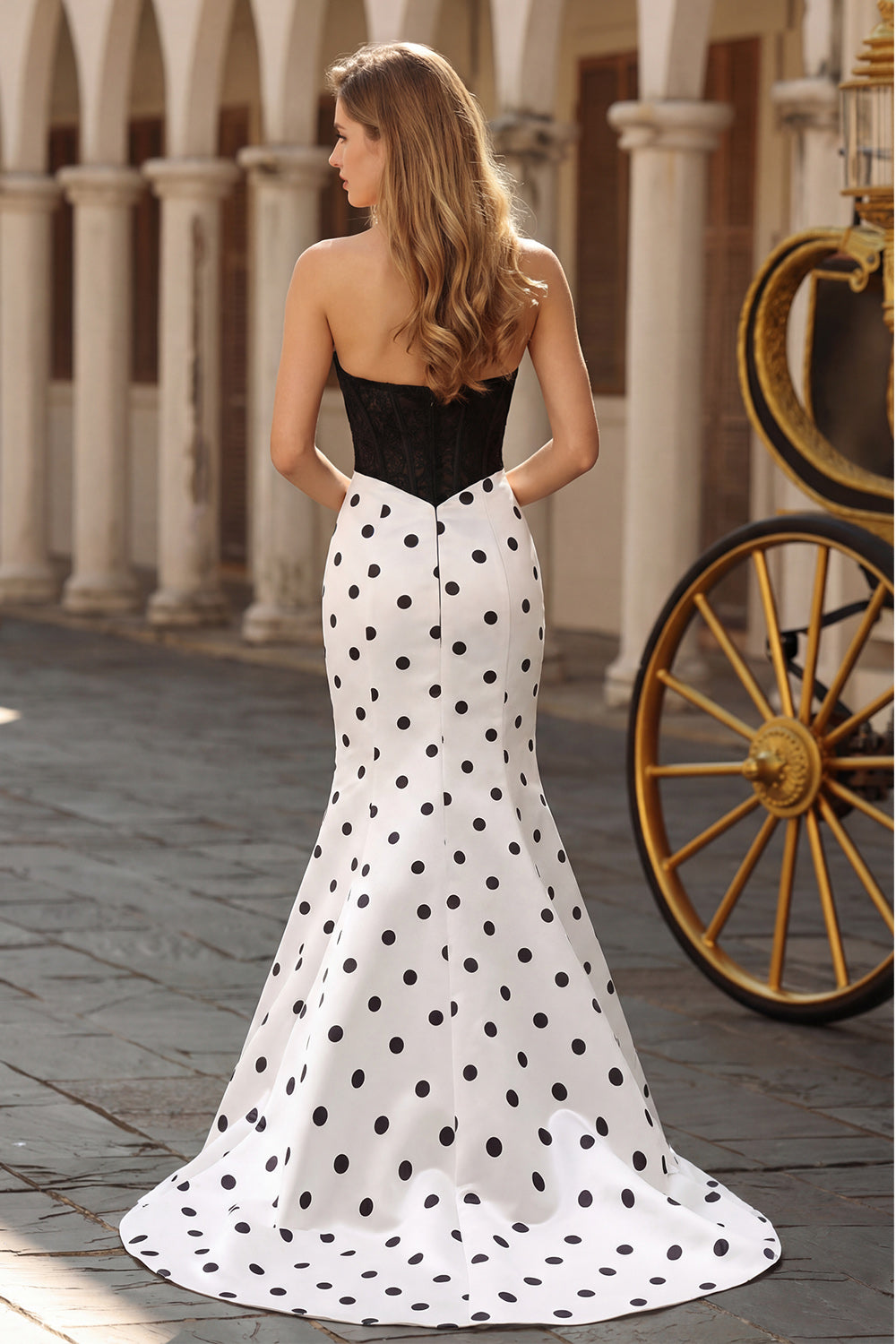 Black White Mermaid Cut Out Satin Long Polka Dots Dress with Bow