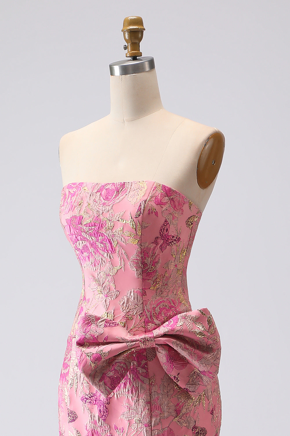 Fuchsia Mermaid Bow Strapless Jacquard Long Prom Dress with Slit