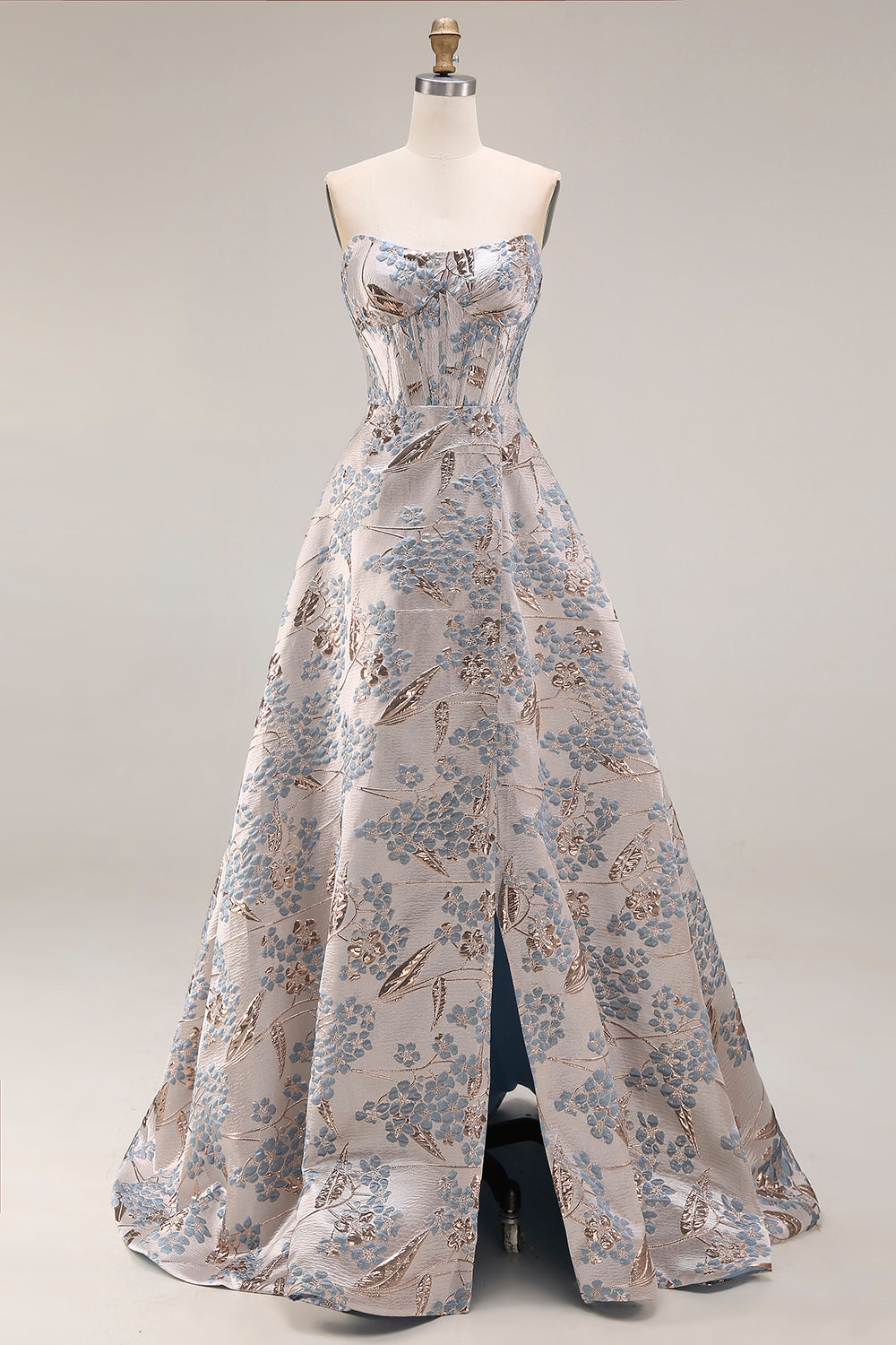 Silver Jacquard Strapless A Line Corset Long Prom Dress with Slit