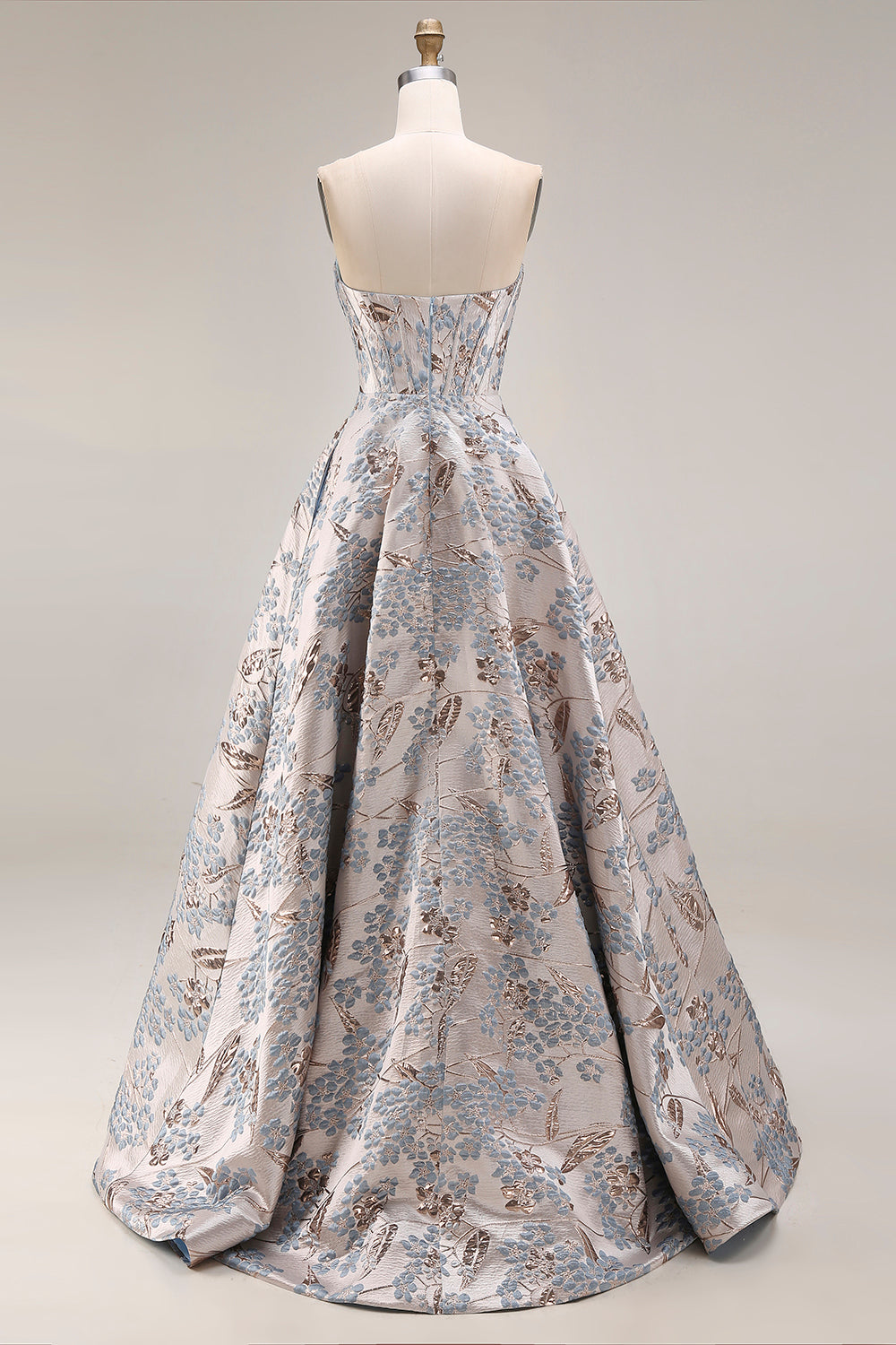 Silver Jacquard Strapless A Line Corset Long Prom Dress with Slit