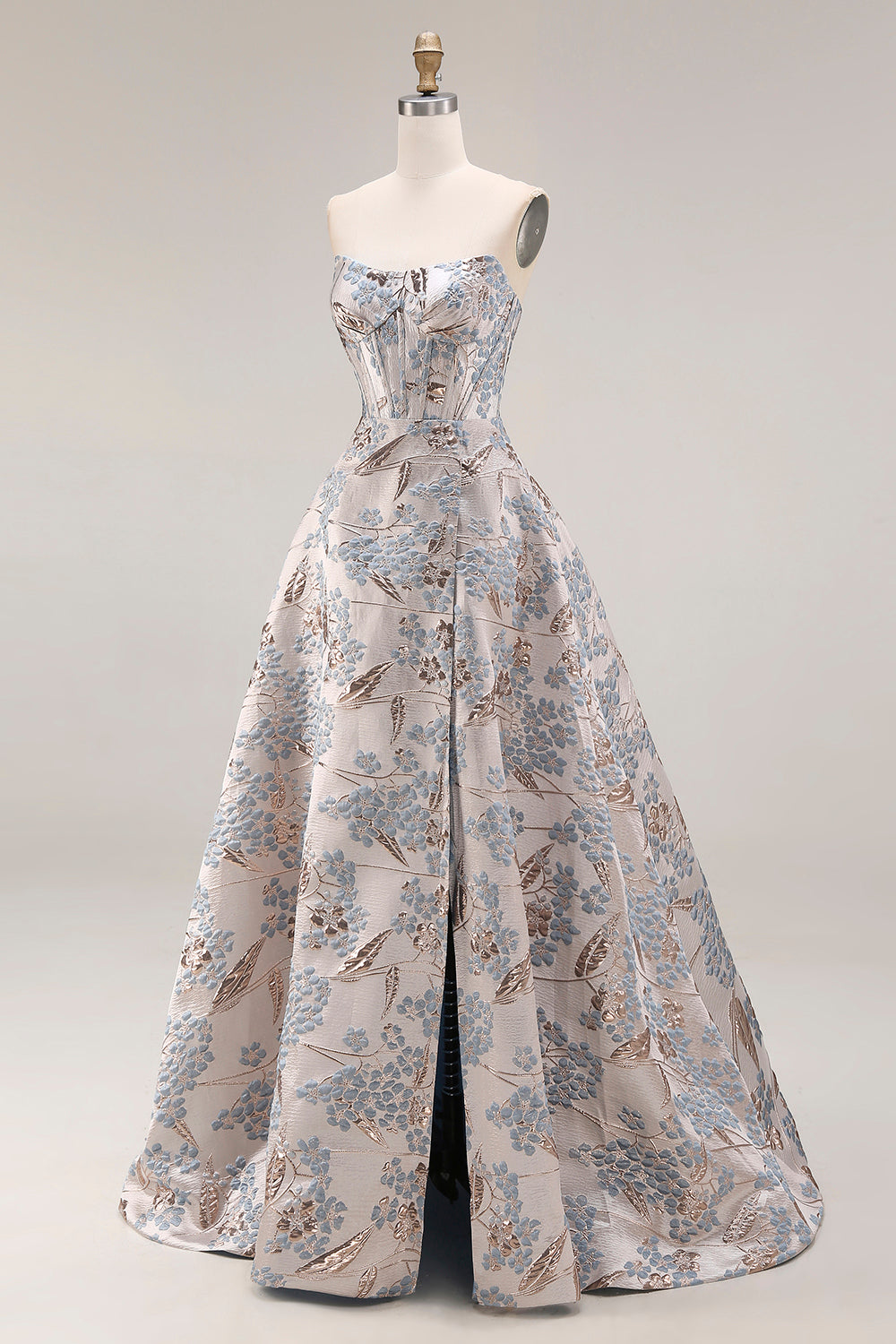 Silver Jacquard Strapless A Line Corset Long Prom Dress with Slit