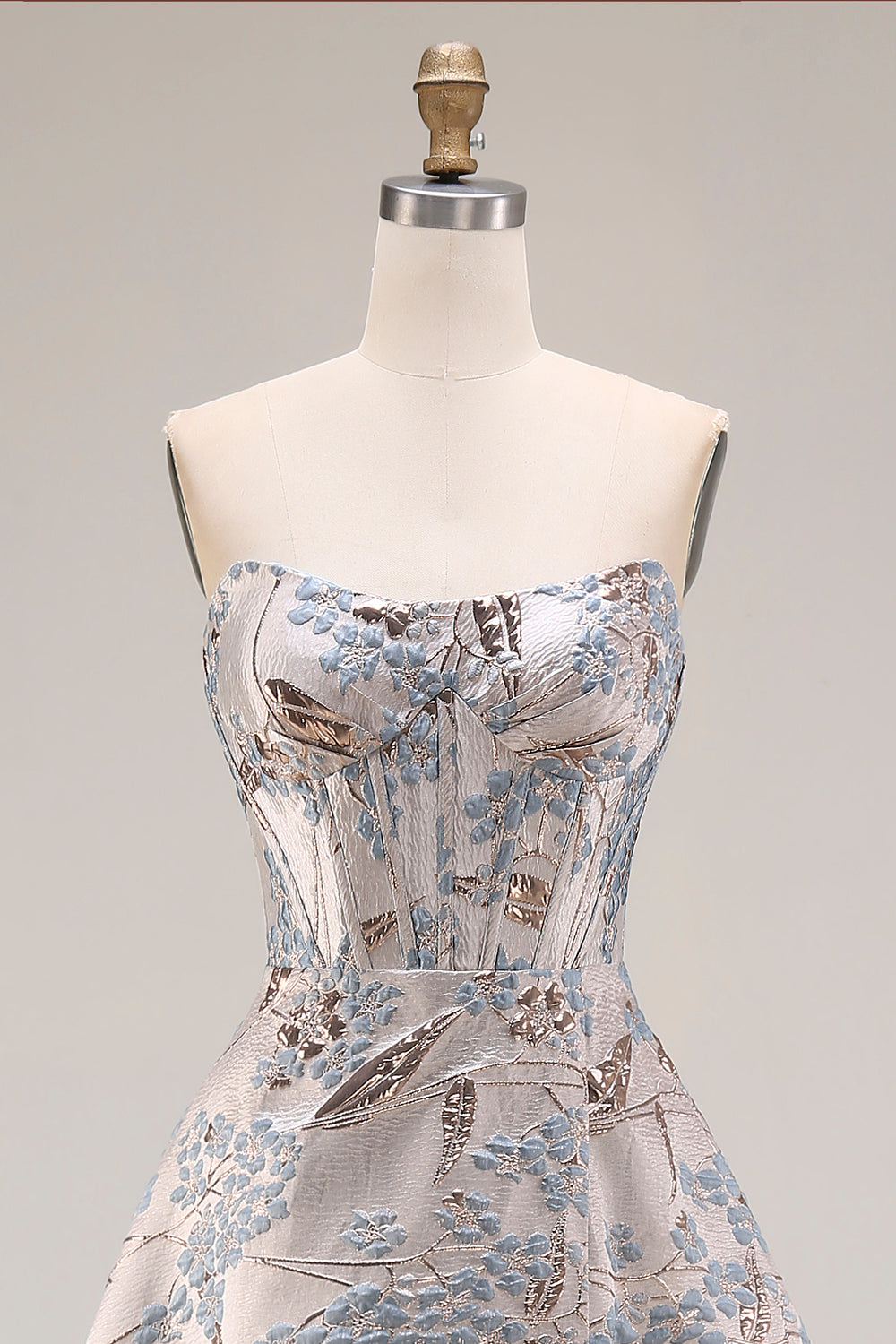 Silver Jacquard Strapless A Line Corset Long Prom Dress with Slit