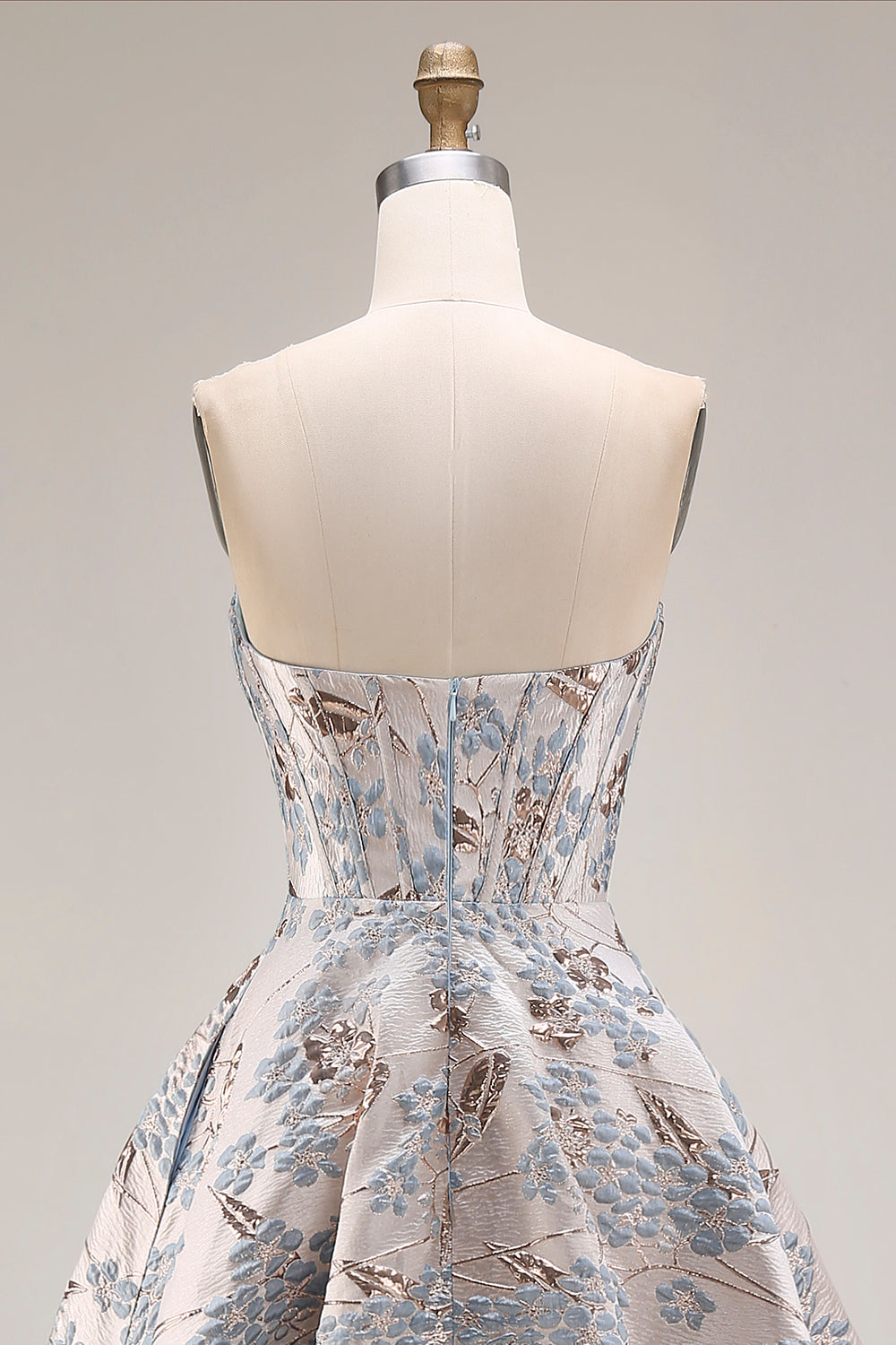 Silver Jacquard Strapless A Line Corset Long Prom Dress with Slit