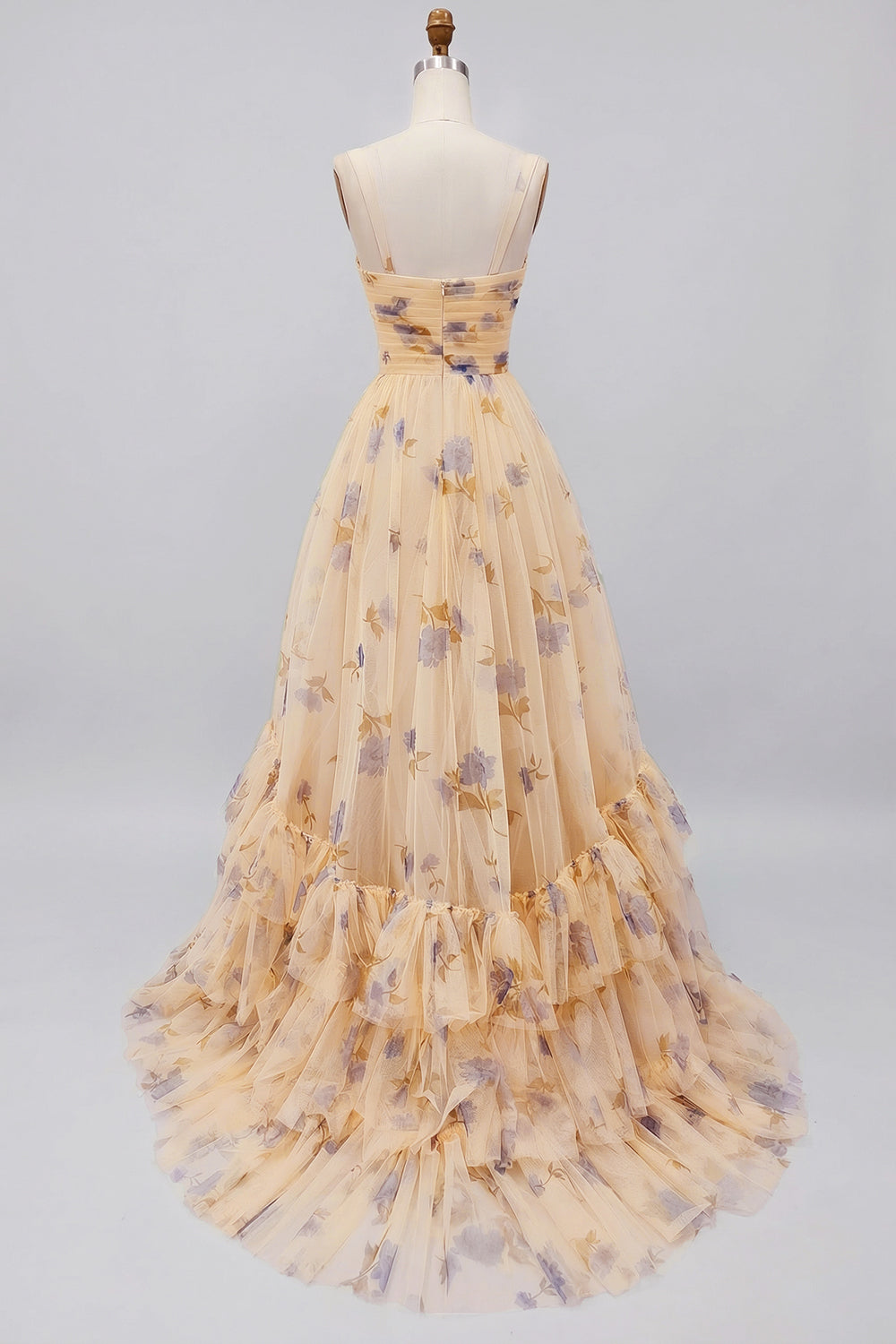 Yellow Flower A-Line Spaghetti Straps Ruffled Print Tulle Long Prom Dress