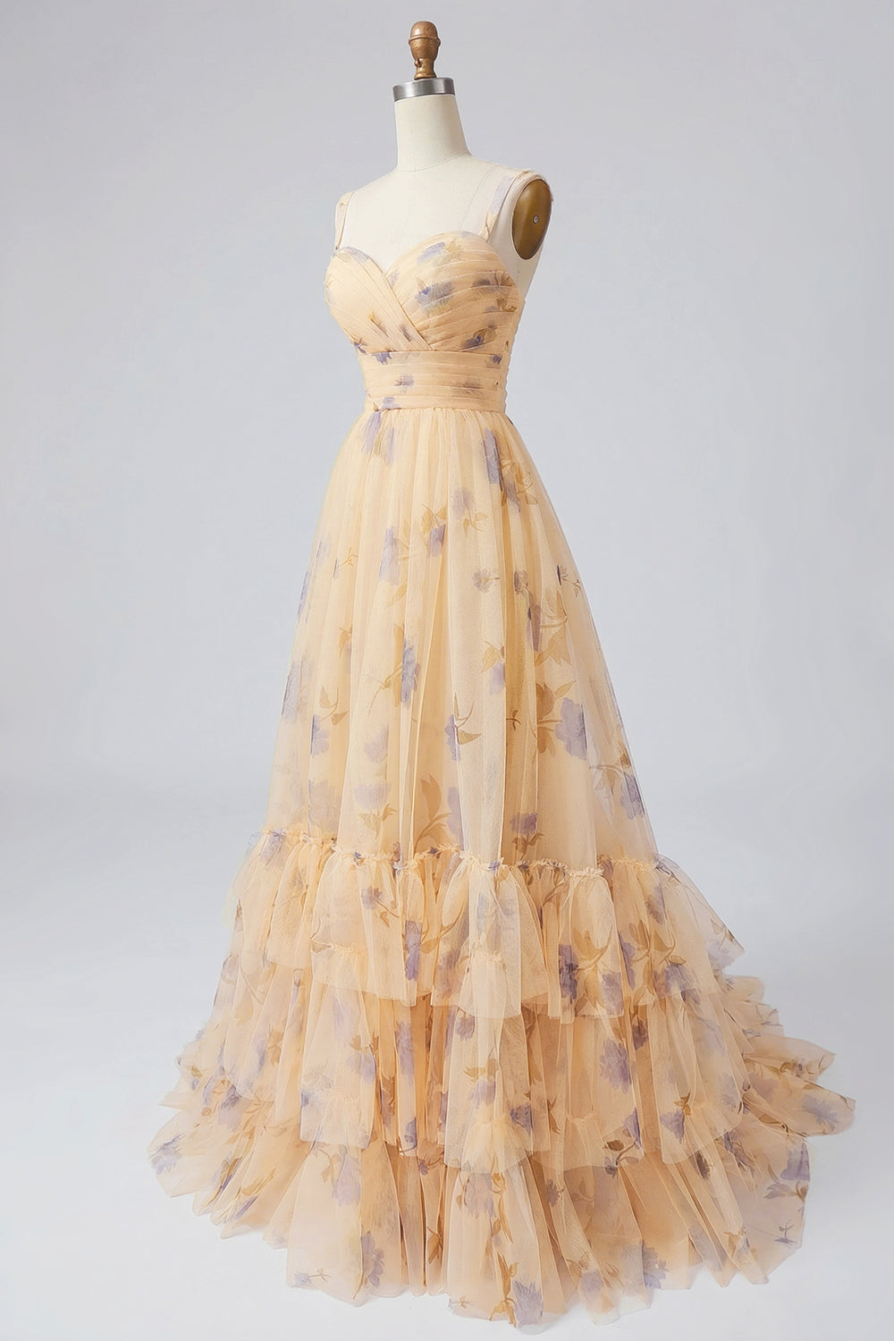 Yellow Flower A-Line Spaghetti Straps Ruffled Print Tulle Long Prom Dress