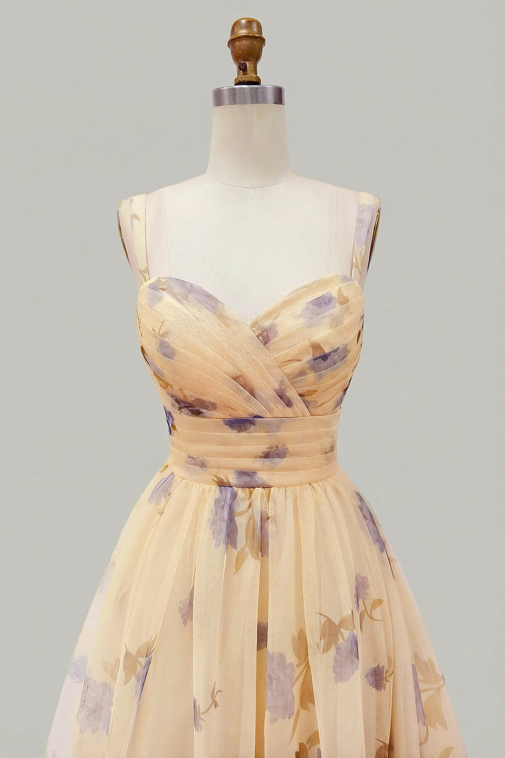 Yellow Flower A-Line Spaghetti Straps Ruffled Print Tulle Long Prom Dress