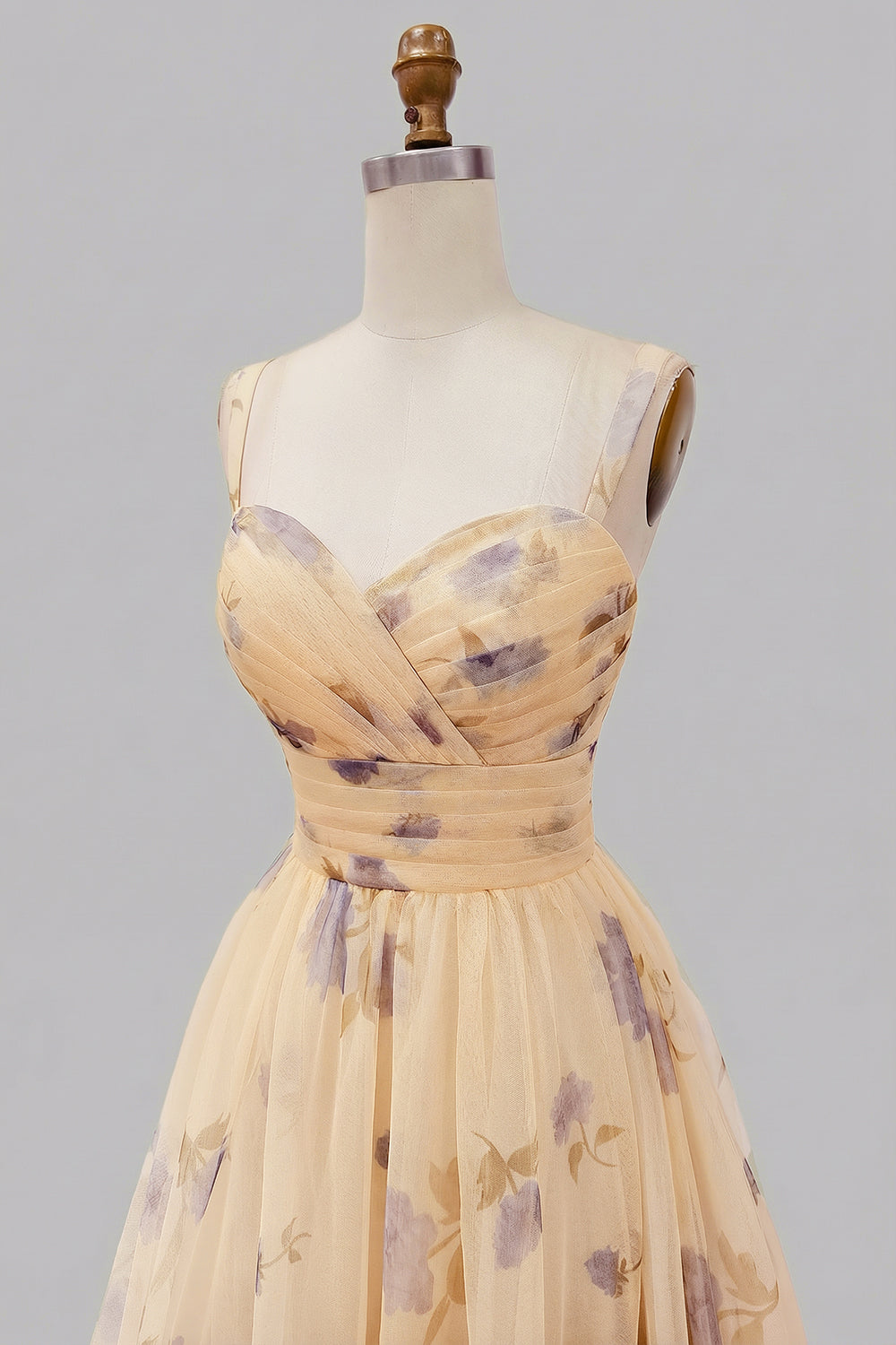 Yellow Flower A-Line Spaghetti Straps Ruffled Print Tulle Long Prom Dress
