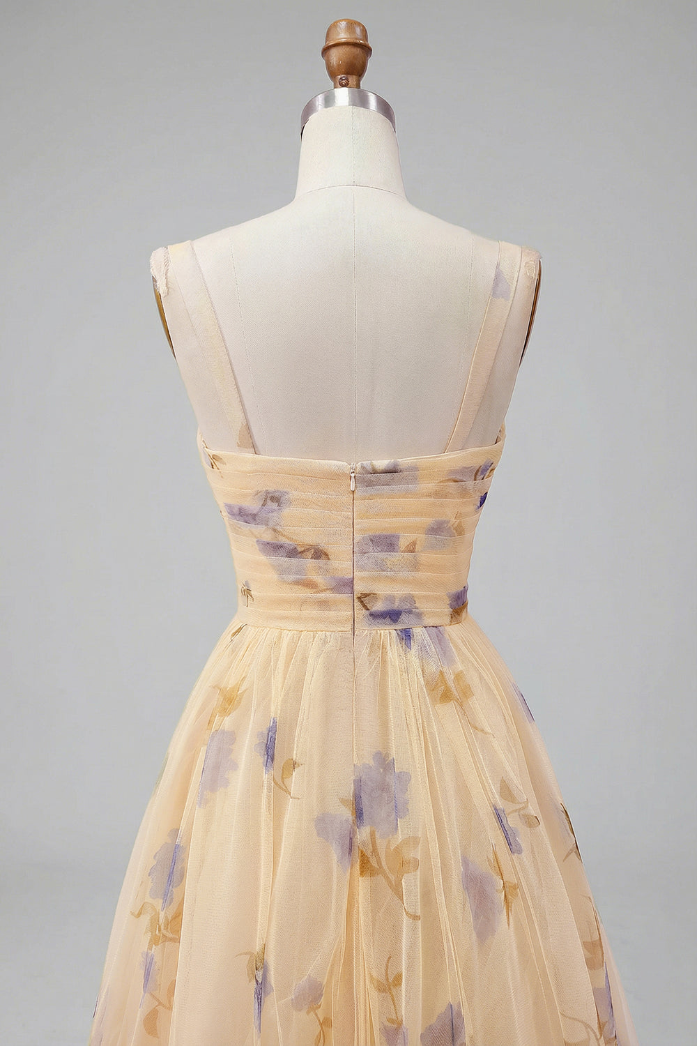 Yellow Flower A-Line Spaghetti Straps Ruffled Print Tulle Long Prom Dress