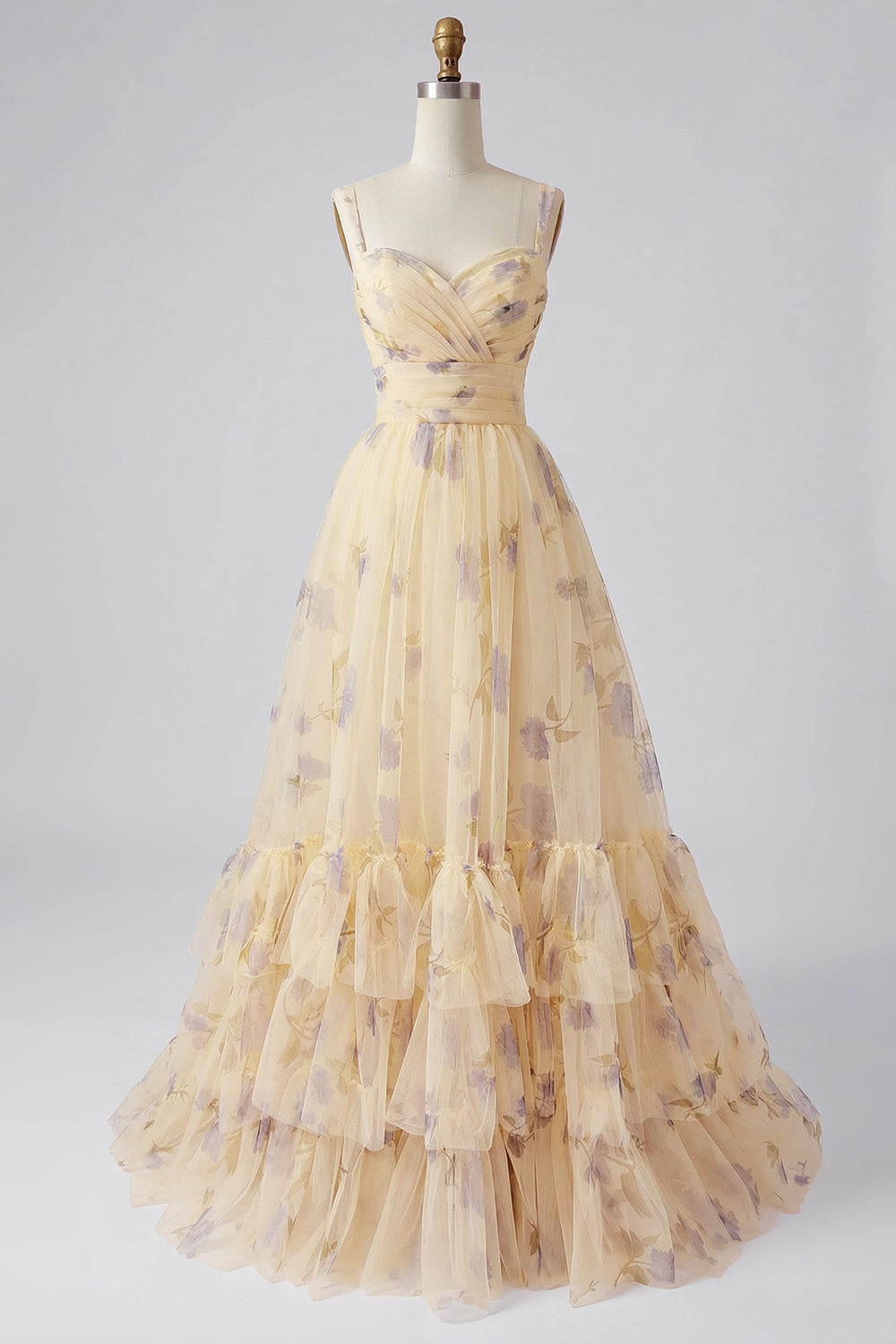 Yellow Flower A-Line Spaghetti Straps Ruffled Print Tulle Long Prom Dress