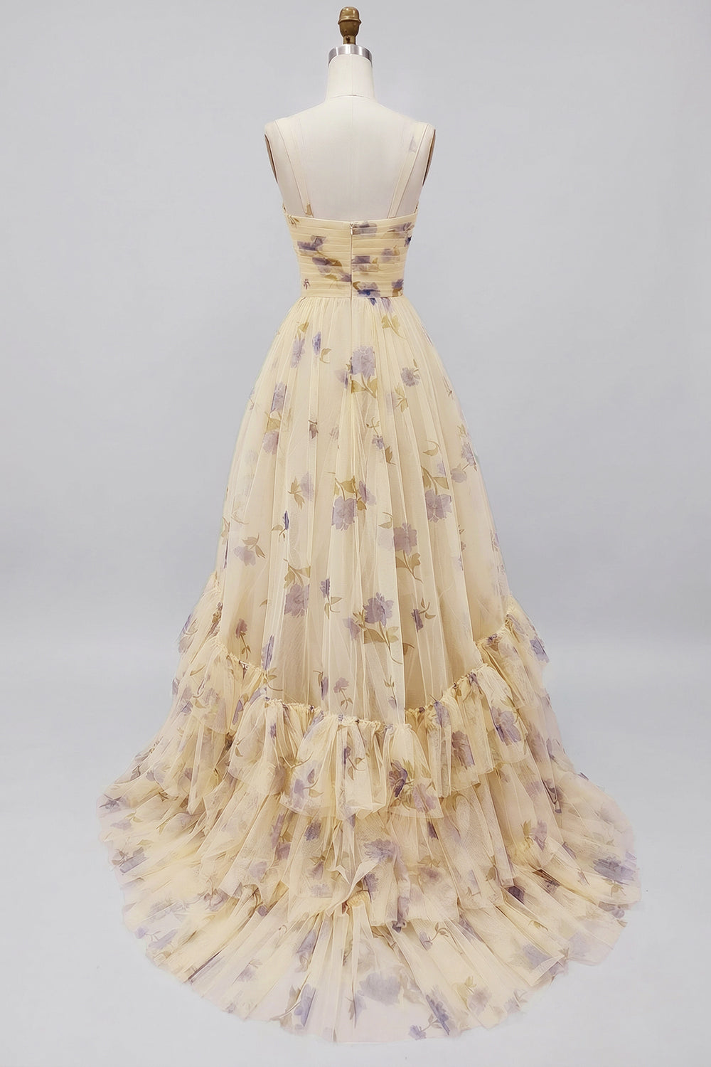 Yellow Flower A-Line Spaghetti Straps Ruffled Print Tulle Long Prom Dress