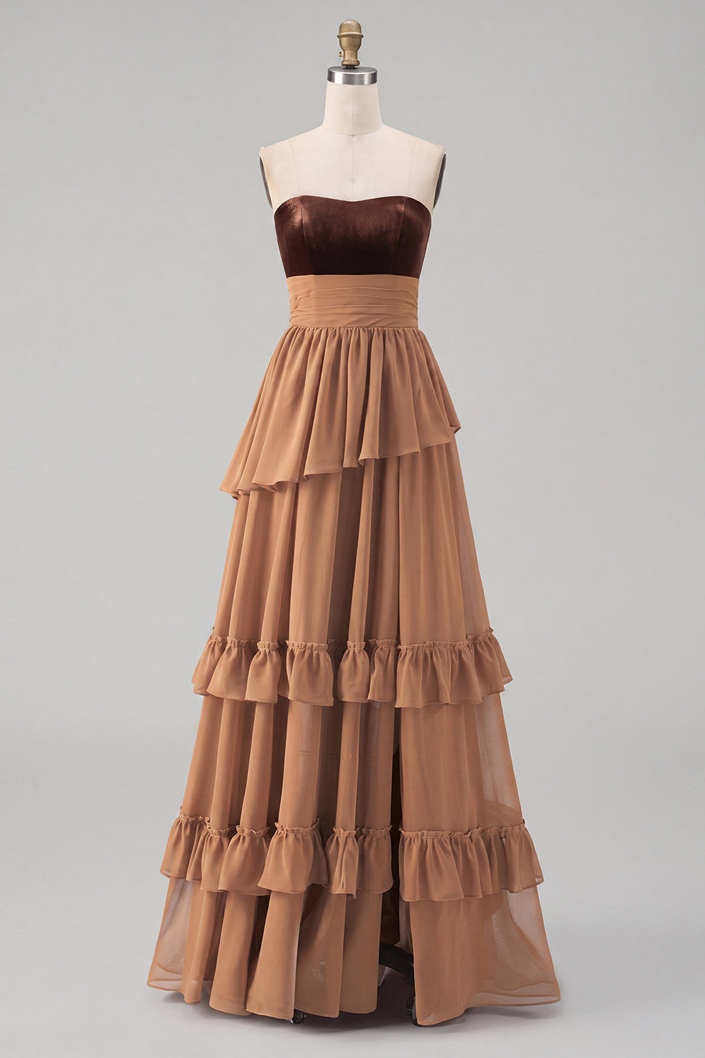 Khaki Tiered Chiffon Sweetheart Long Wedding Guest Dress with Slit