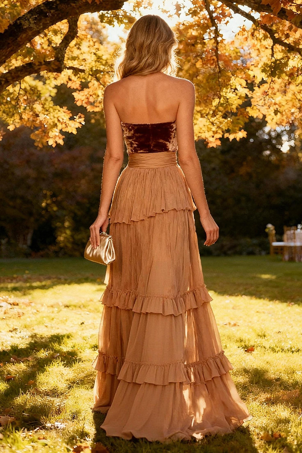 Khaki Tiered Chiffon Sweetheart Long Wedding Guest Dress with Slit