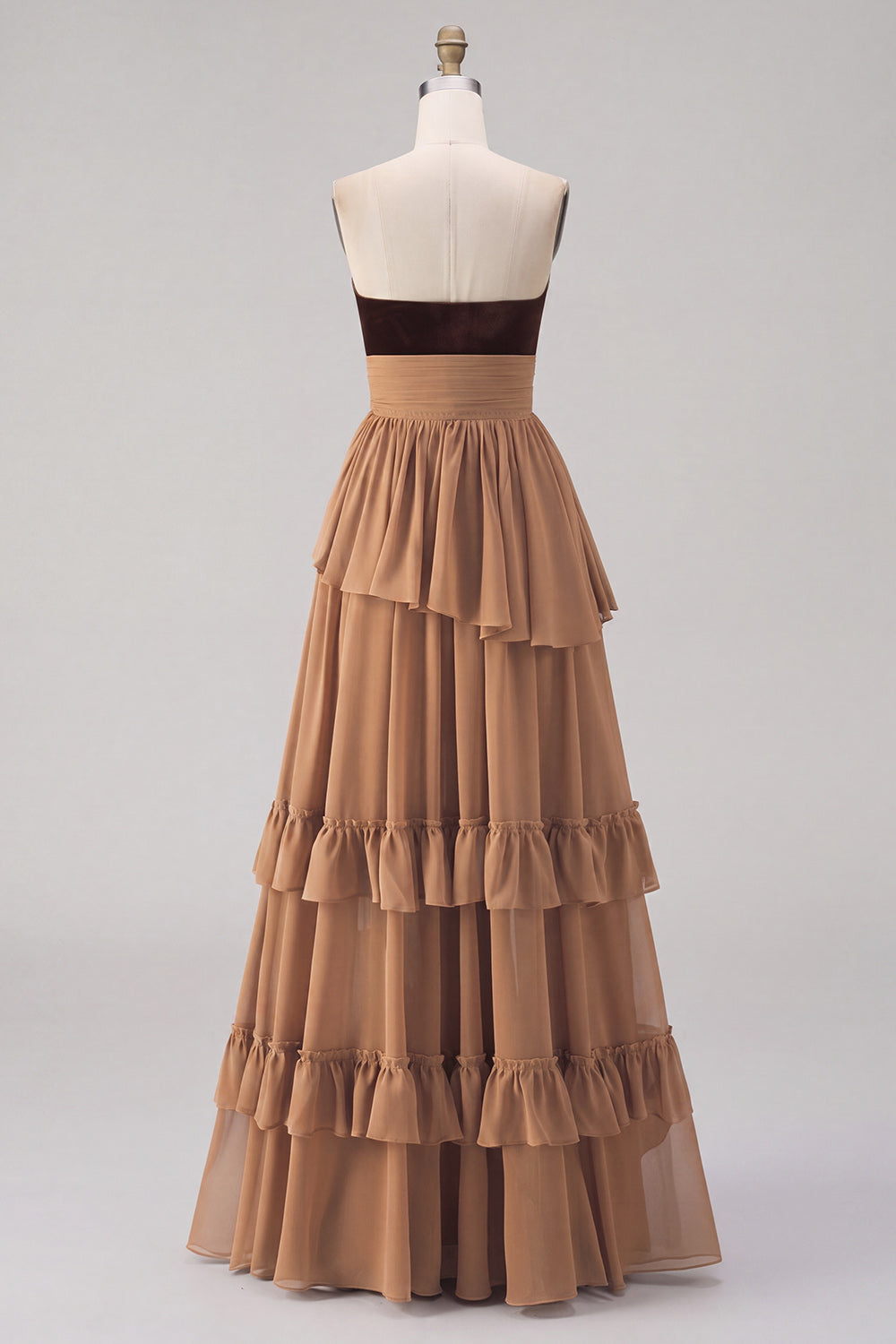 Khaki Tiered Chiffon Sweetheart Long Wedding Guest Dress with Slit