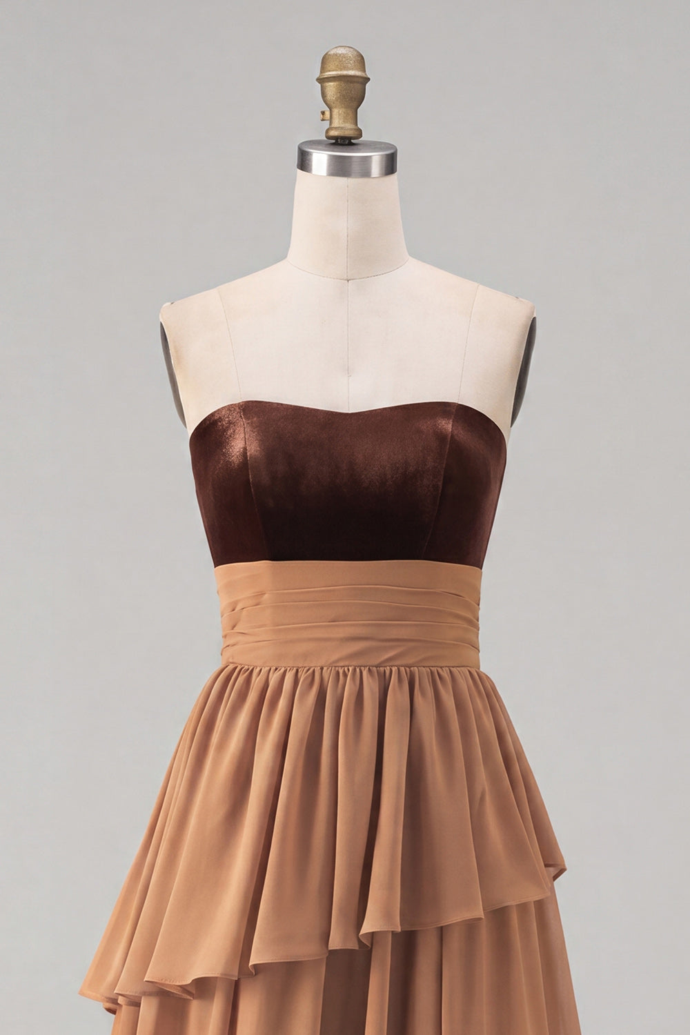 Khaki Tiered Chiffon Sweetheart Long Wedding Guest Dress with Slit