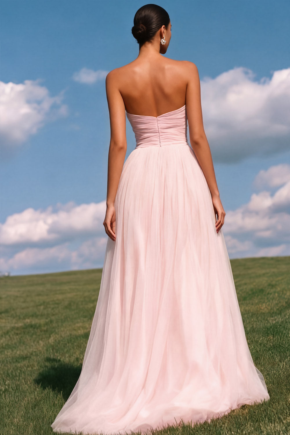 Strapless A-Line Light Yellow Ruched Tulle Long Prom Dress