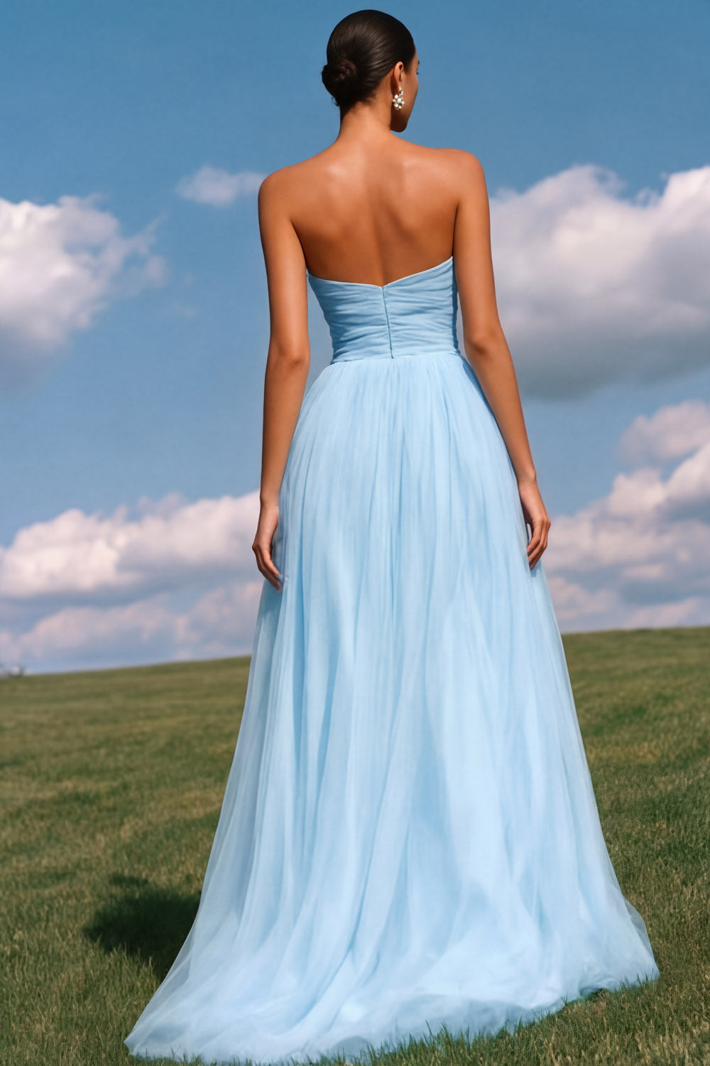 Strapless A-Line Light Yellow Ruched Tulle Long Prom Dress