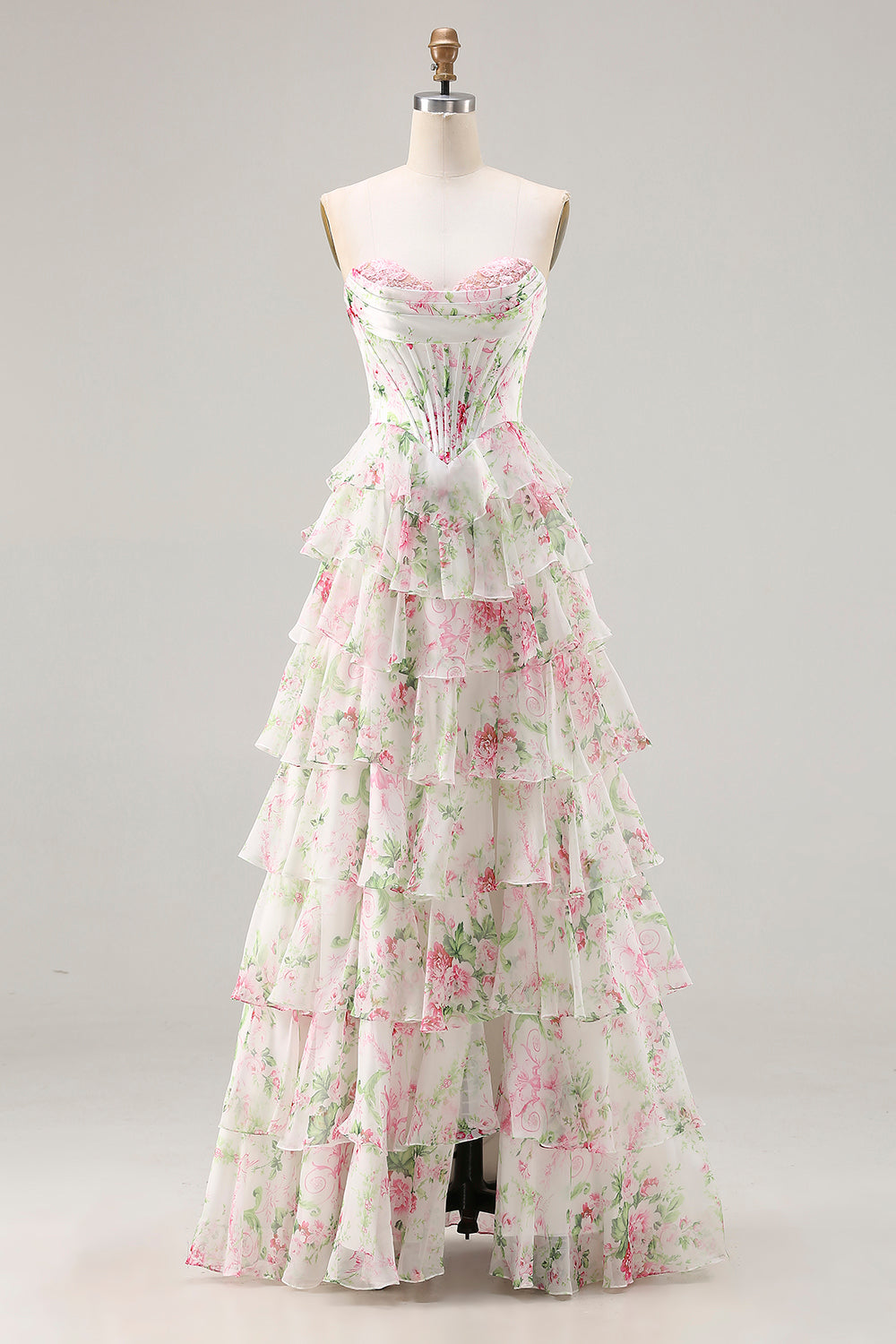 Pink Floral Sweetheart Corset Tiered A-Line Long Prom Dress with Slit