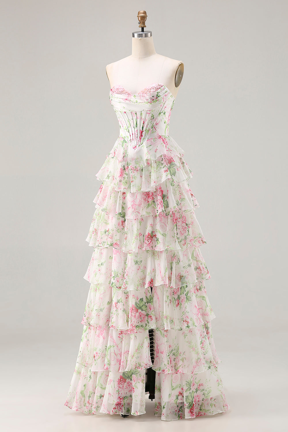 Pink Floral Sweetheart Corset Tiered A-Line Long Prom Dress with Slit