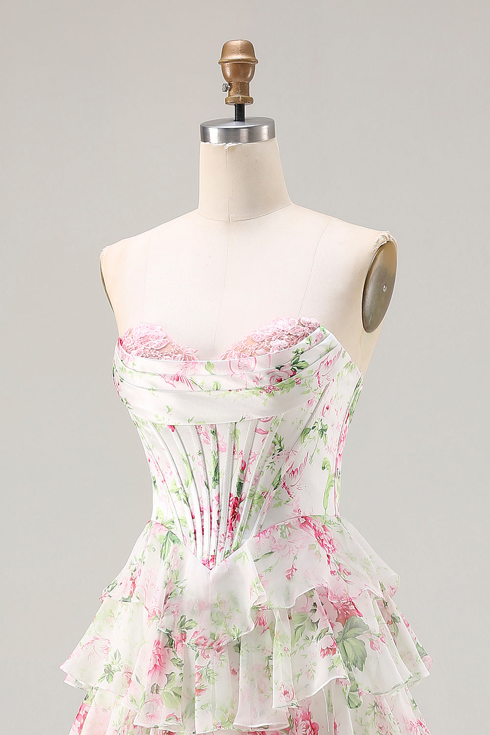 Strapless A Line Pink Floral Corset Tiered Ruffle Long Prom Dress with Slit