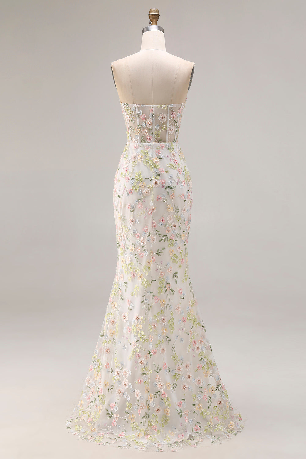 White Flower Mermaid Corset Strapless Long Prom Dress with Slit
