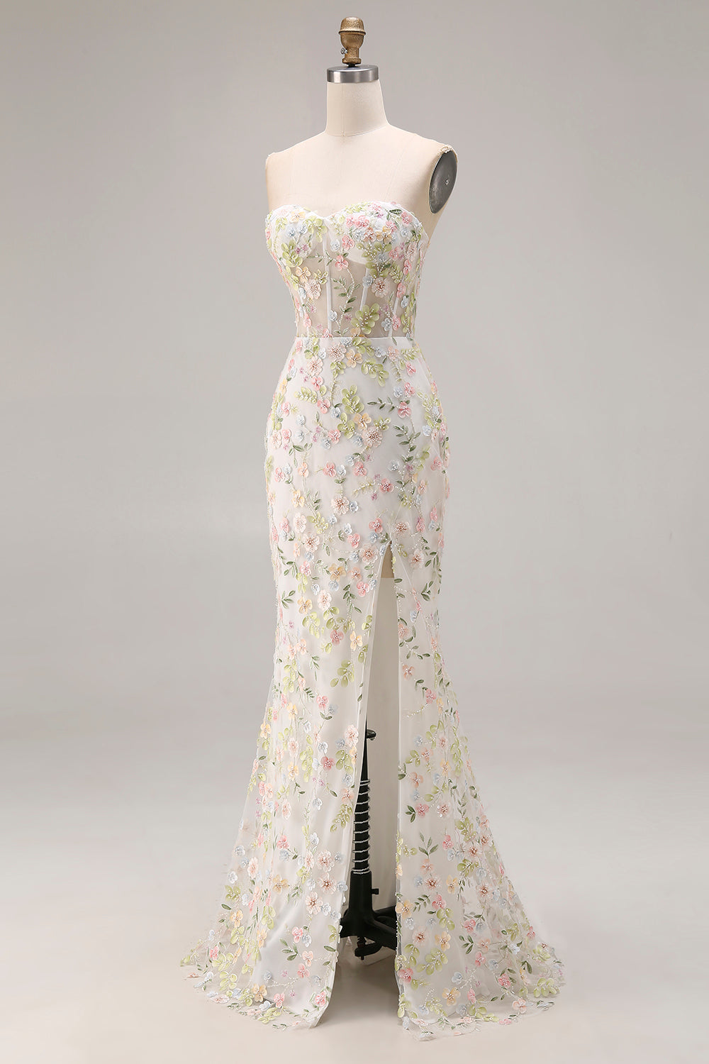 White Flower Mermaid Corset Strapless Long Prom Dress with Slit