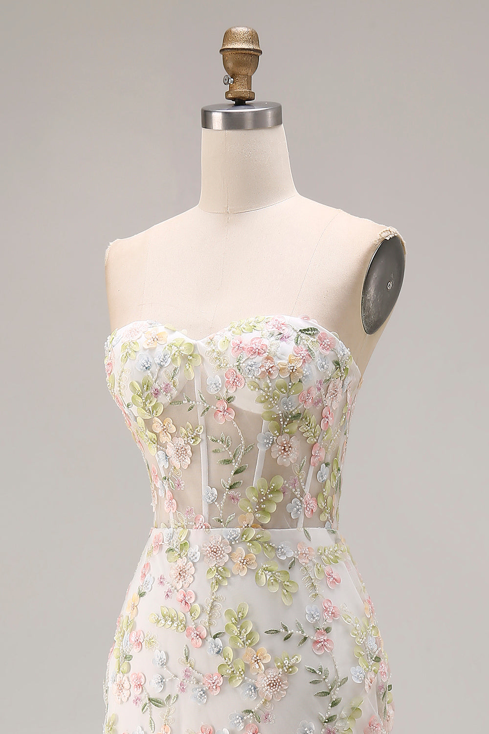White Flower Mermaid Corset Strapless Long Prom Dress with Slit