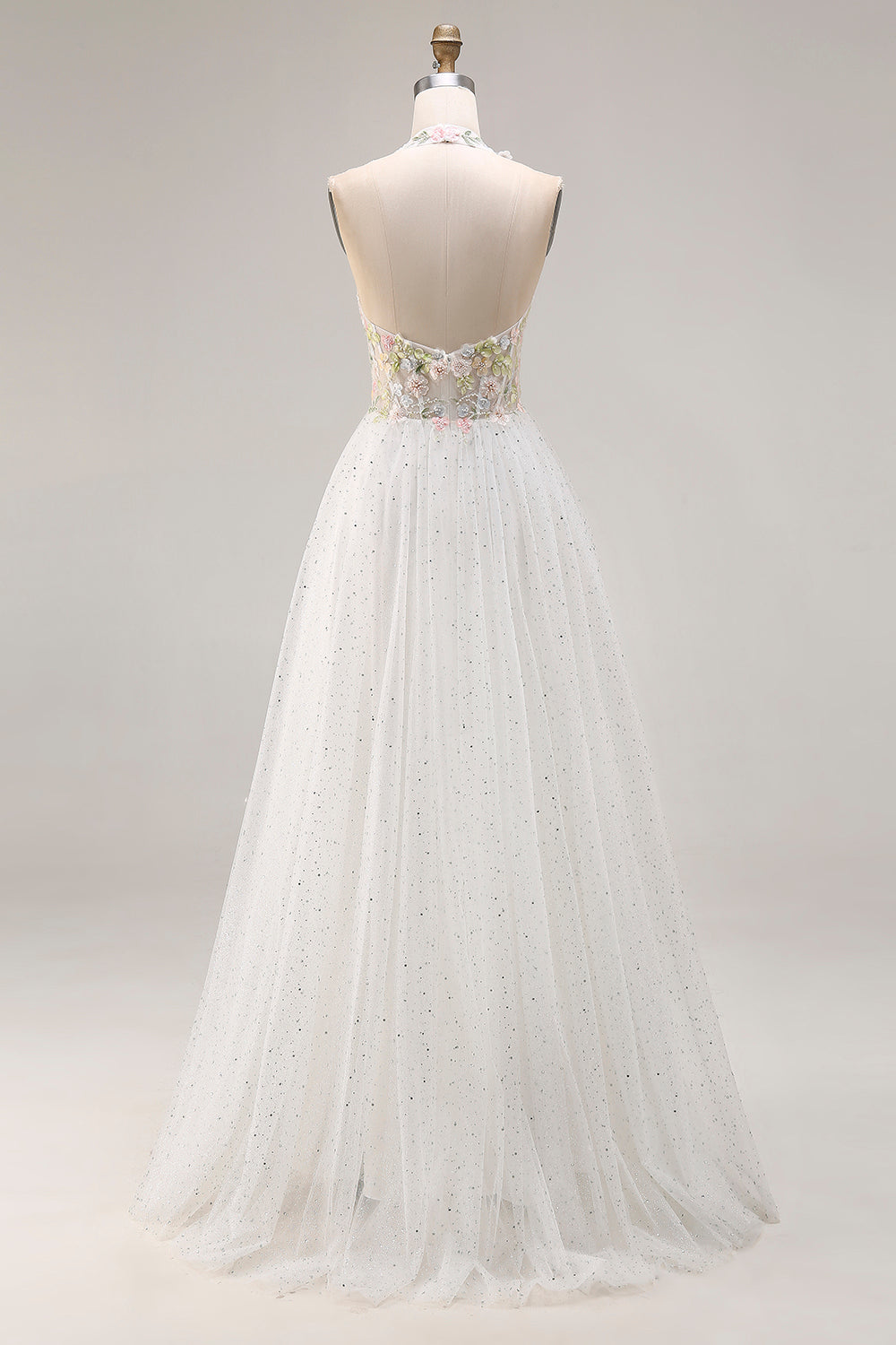 White Appliqued Corset Tulle V Neck A Line Long Prom Dress with Slit