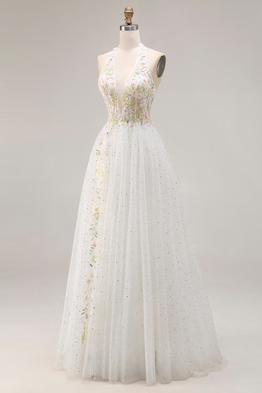 White Appliqued Corset Tulle V Neck A Line Long Prom Dress with Slit