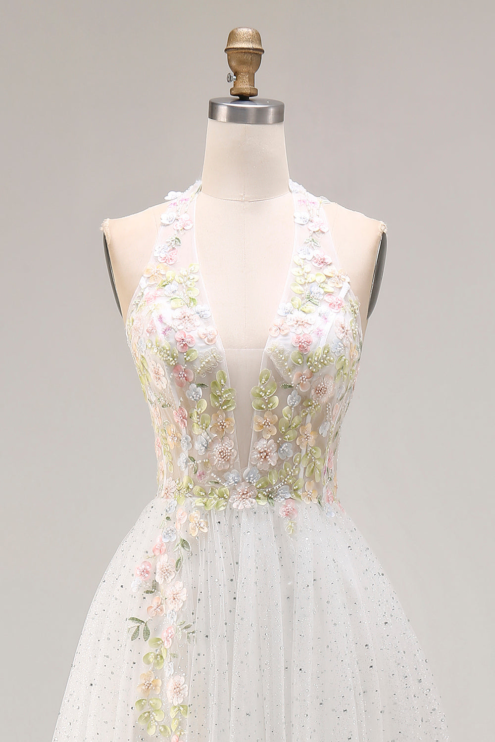 White Appliqued Corset Tulle V Neck A Line Long Prom Dress with Slit