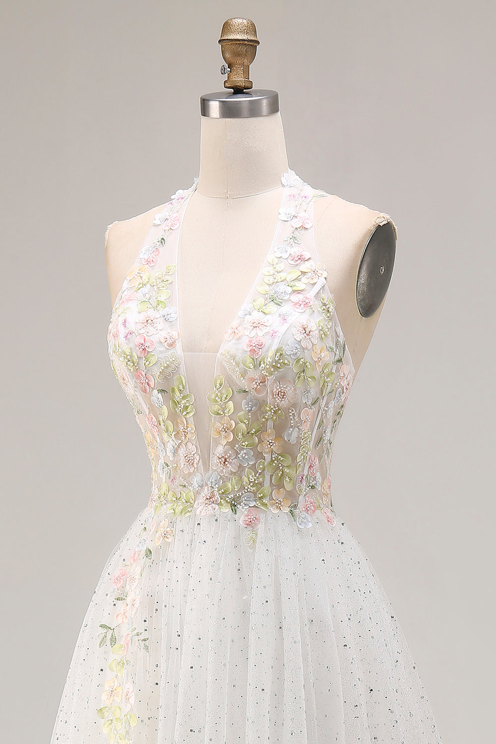 White Appliqued Corset Tulle V Neck A Line Long Prom Dress with Slit