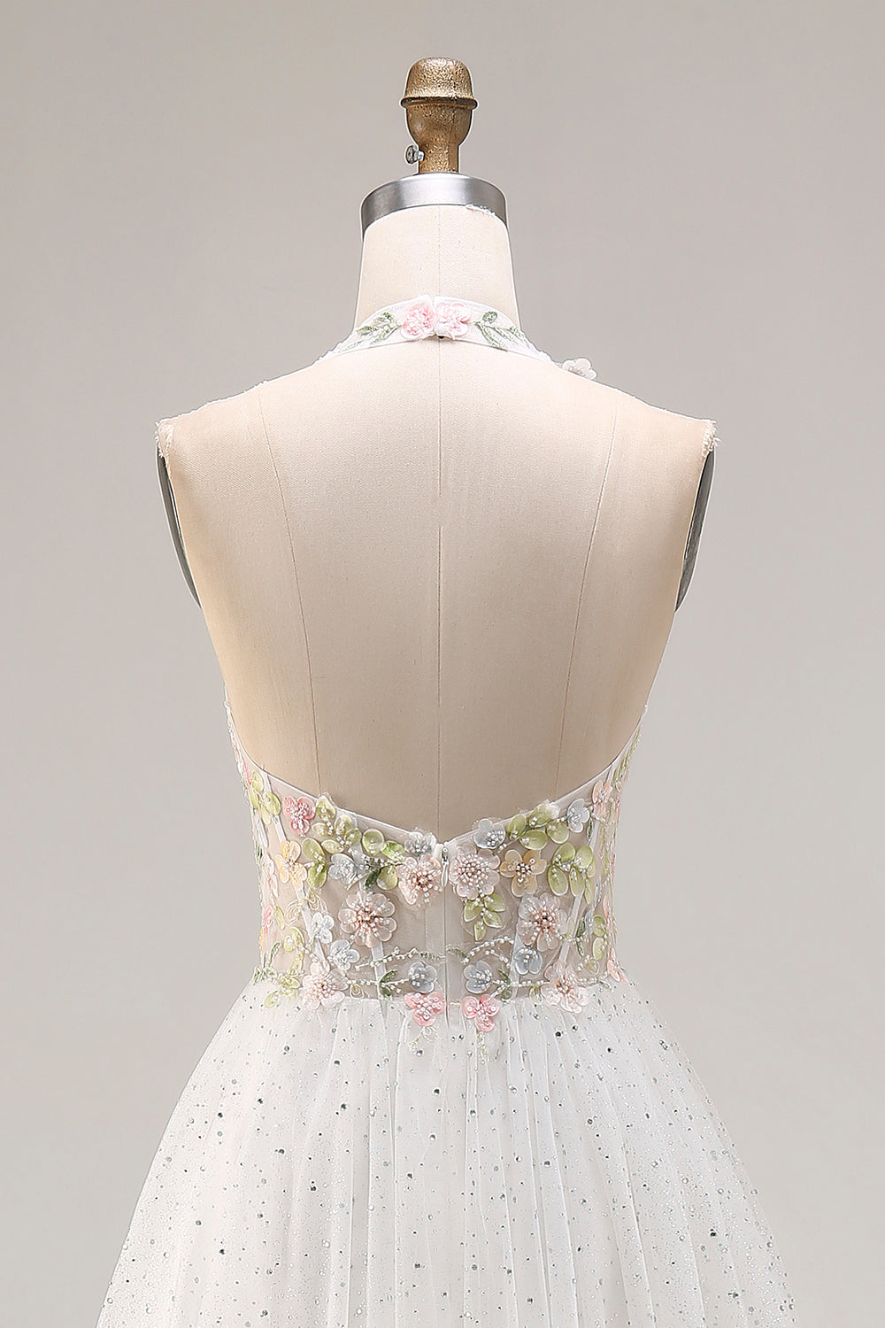White Appliqued Corset Tulle V Neck A Line Long Prom Dress with Slit