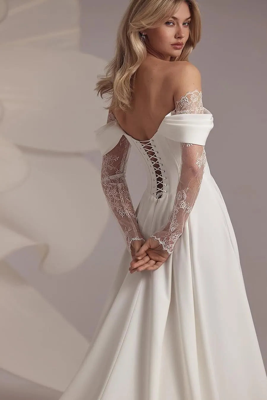 Stunning White Satin Off the Shoulder Long Sleeves Split Wedding Dress with Lace