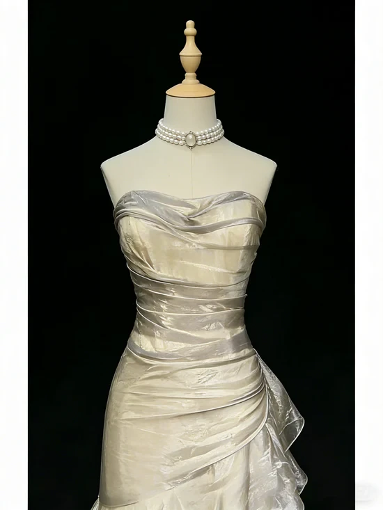 Stunning Beige Sleeveless Strapless Train Long Prom Dress with Ruffles
